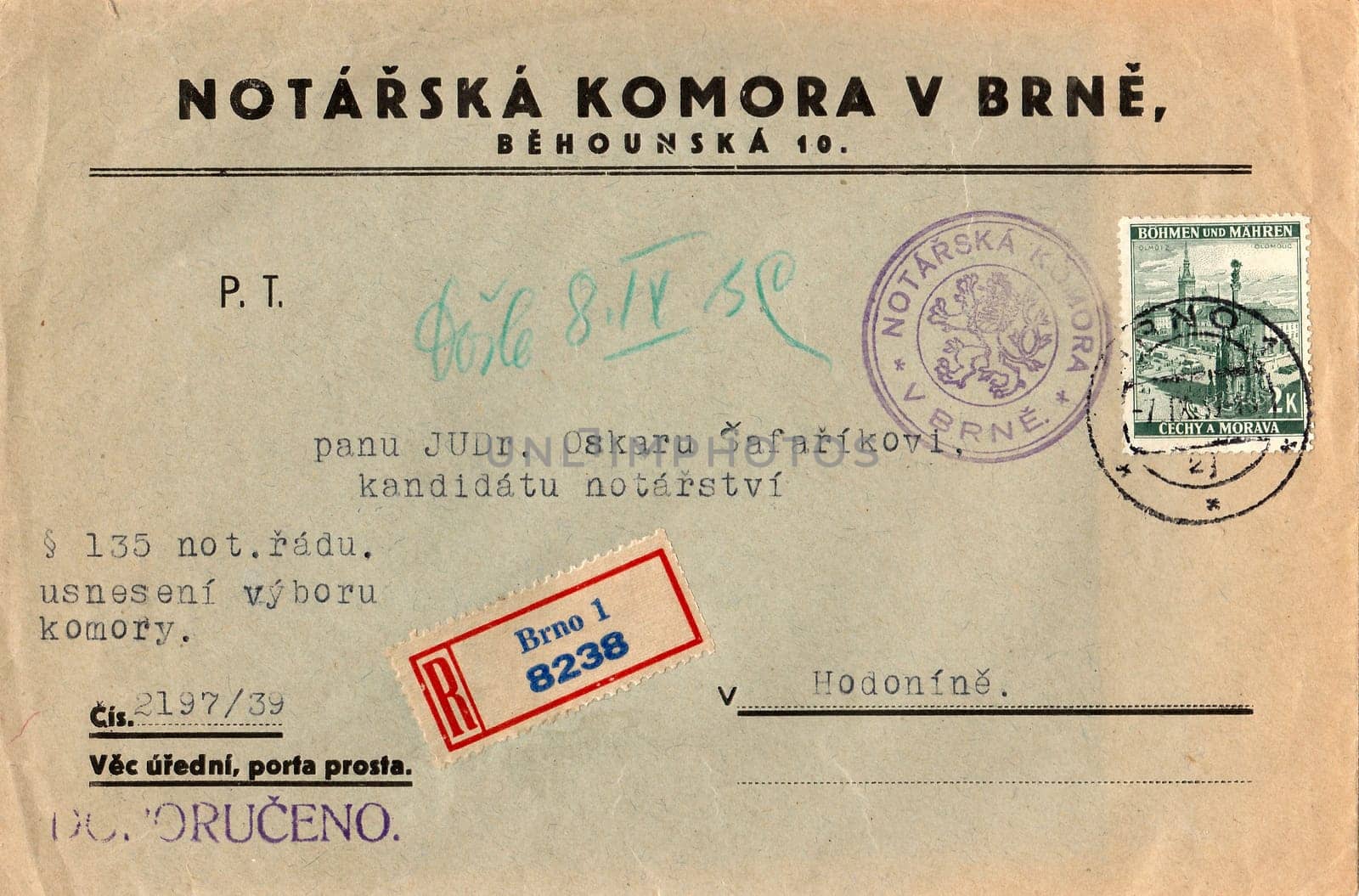 PROTECTORATE OF BOHEMIA AND MORAVIA - SEPTEMBER 7, 1939: A vintage used envelope and stamp. Rich stain and paper details. Can be used as background.