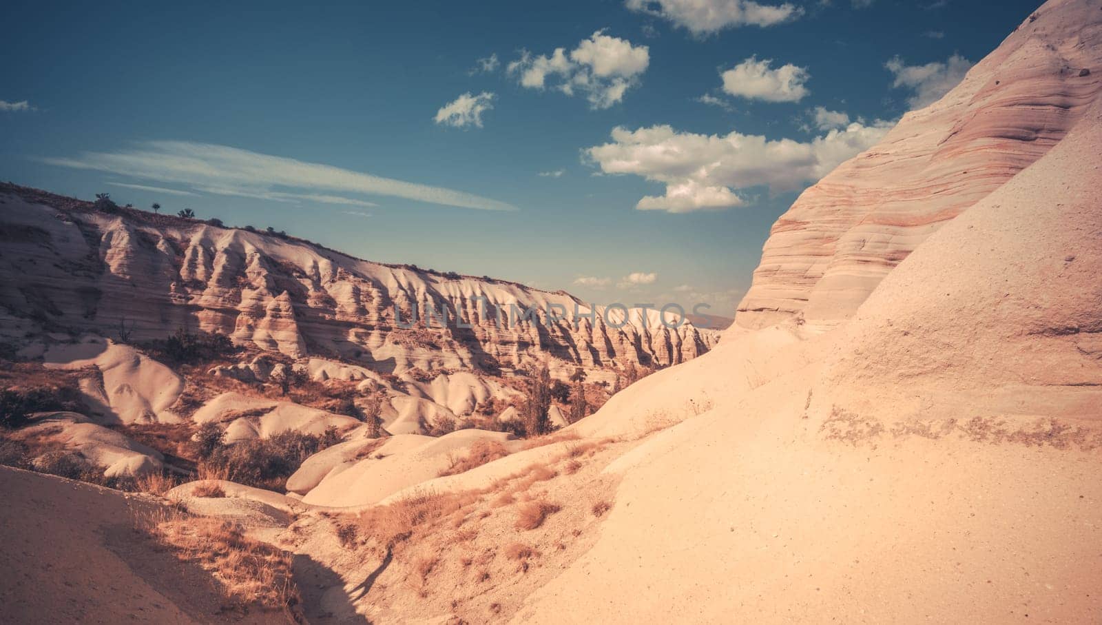 Panoramic view of canyon in Cappadocia under sunlights, Turkey