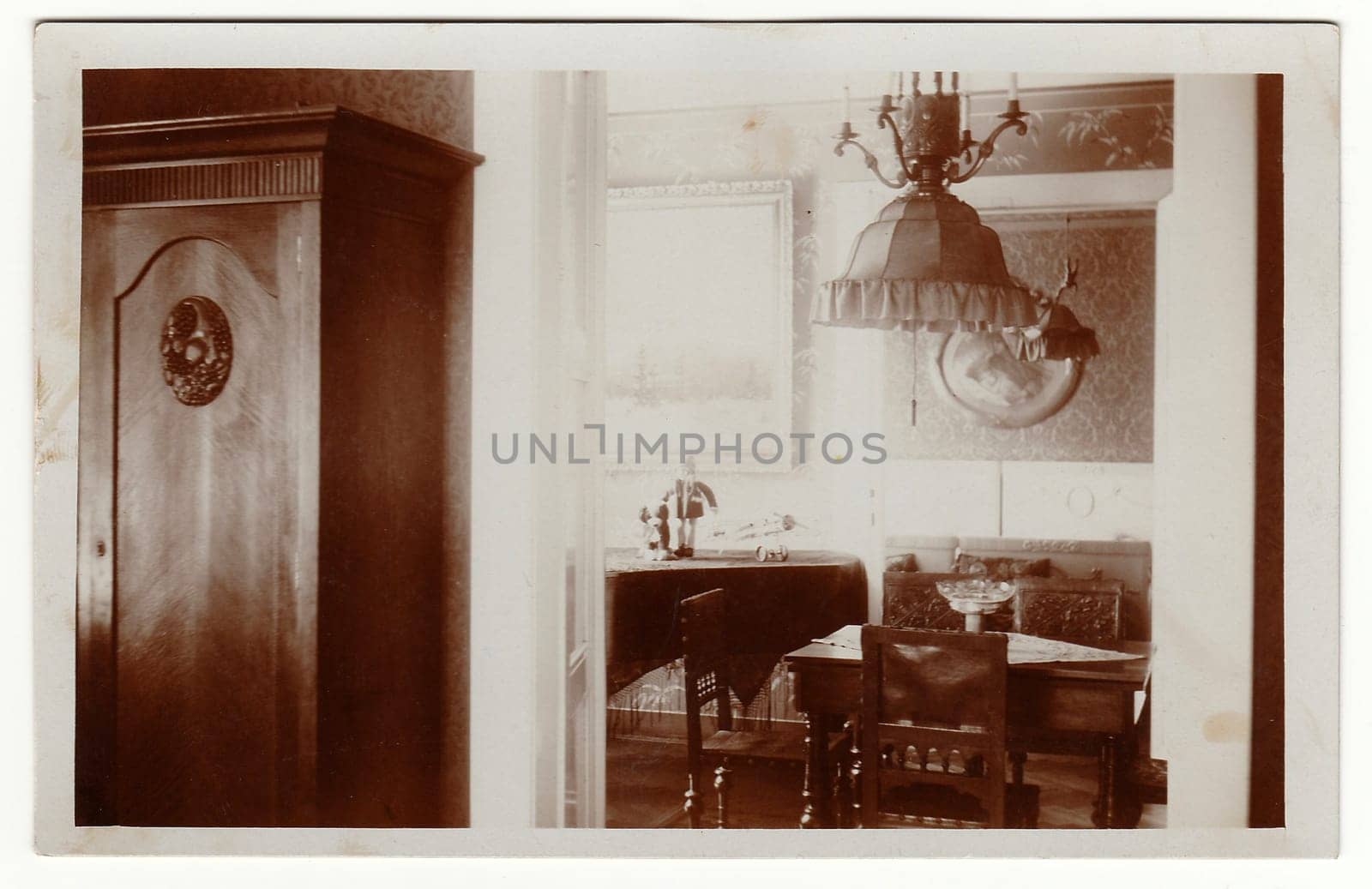 THE CZECHOSLOVAK REPUBLIC - CIRCA 1940s: Vintage photo shows view on city living room. Antique black & white photo.