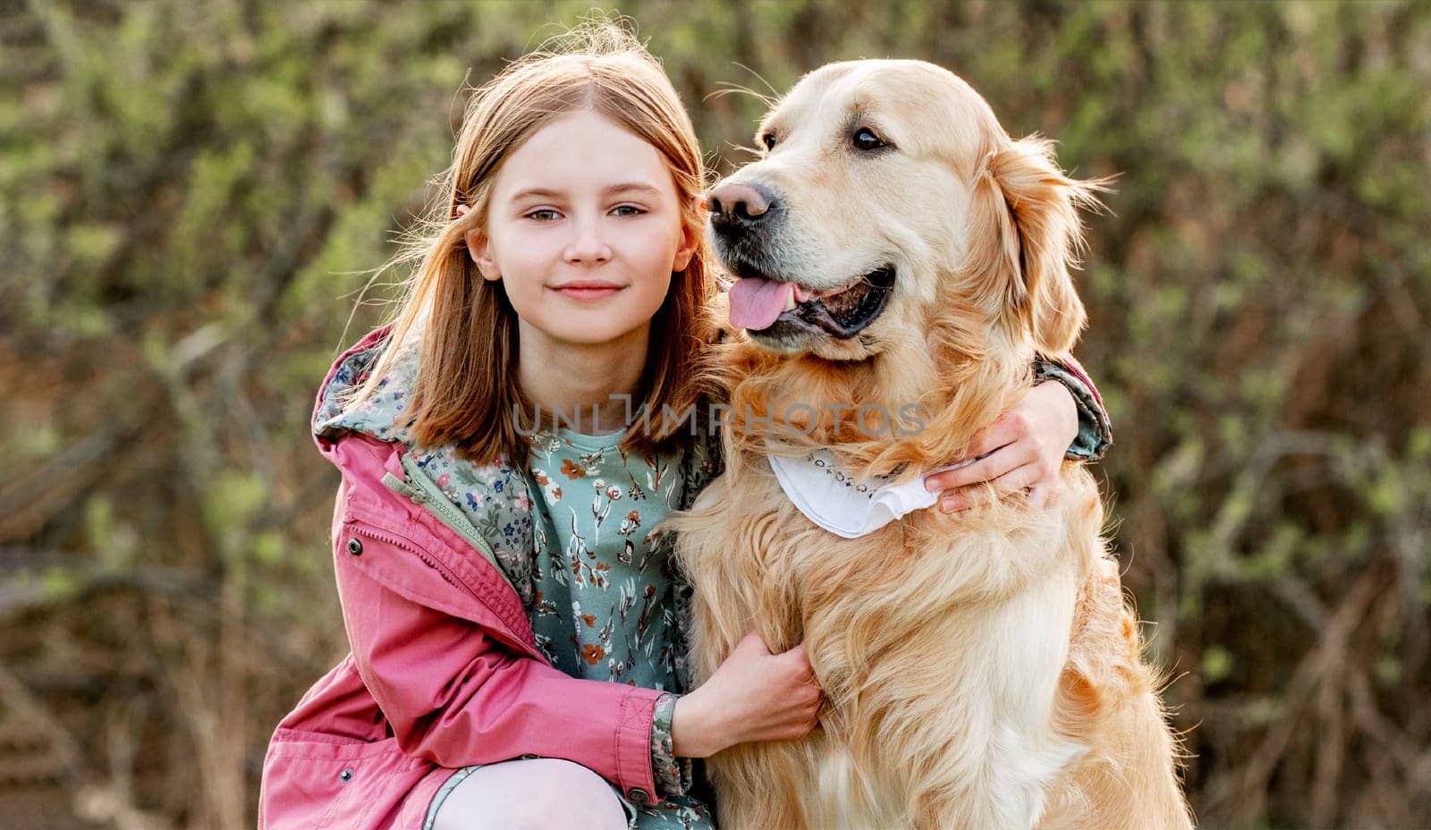Girl with golden retriever dog by GekaSkr