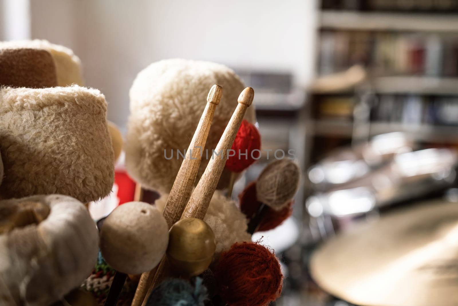 Different types of drumsticks for drum live music perfomance closeup. Percussion sticks for rock concerts in recording studio