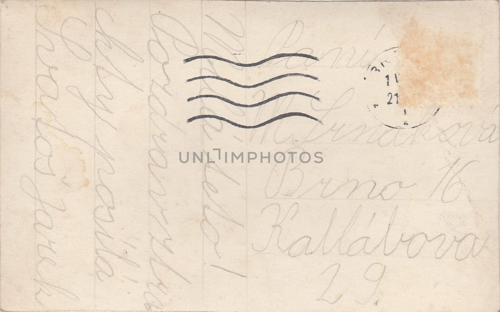 Back of a vintage photo - postcard. Rich stain and paper details. Can be used as background. by roman_nerud