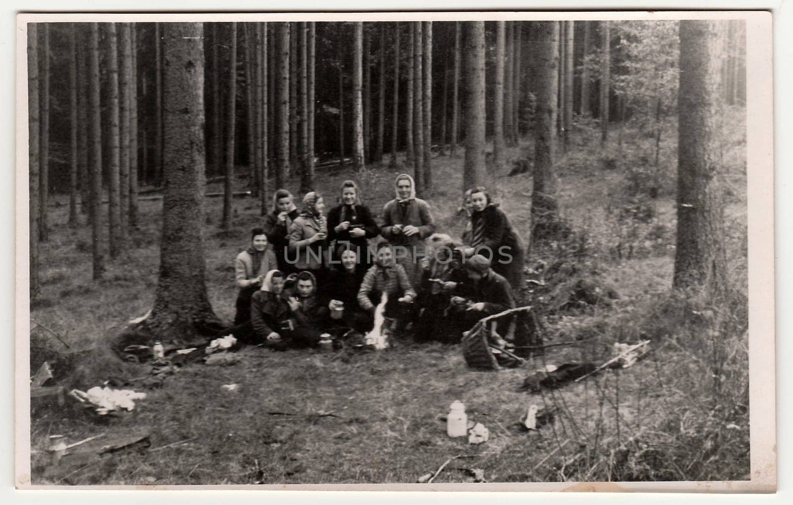 Vintage photo shows rural women in the forrest . Black white antique photography. by roman_nerud