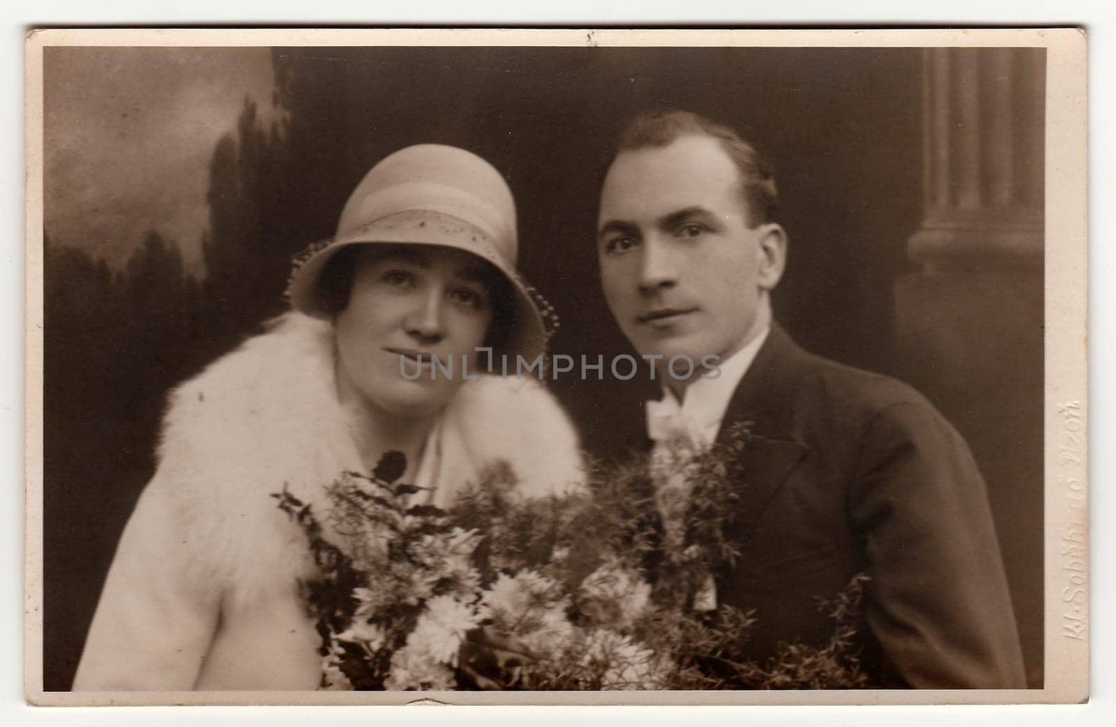 PLZEN (PILSEN), THE CZECHOSLOVAK REPUBLIC - CIRCA 1930s: Vintage photo of newlyweds. Bride wears posh womens bowler hat and holds wedding bouquet. Groom wears black suit and white bow tie. Black white antique studio portrait with sepia effect.