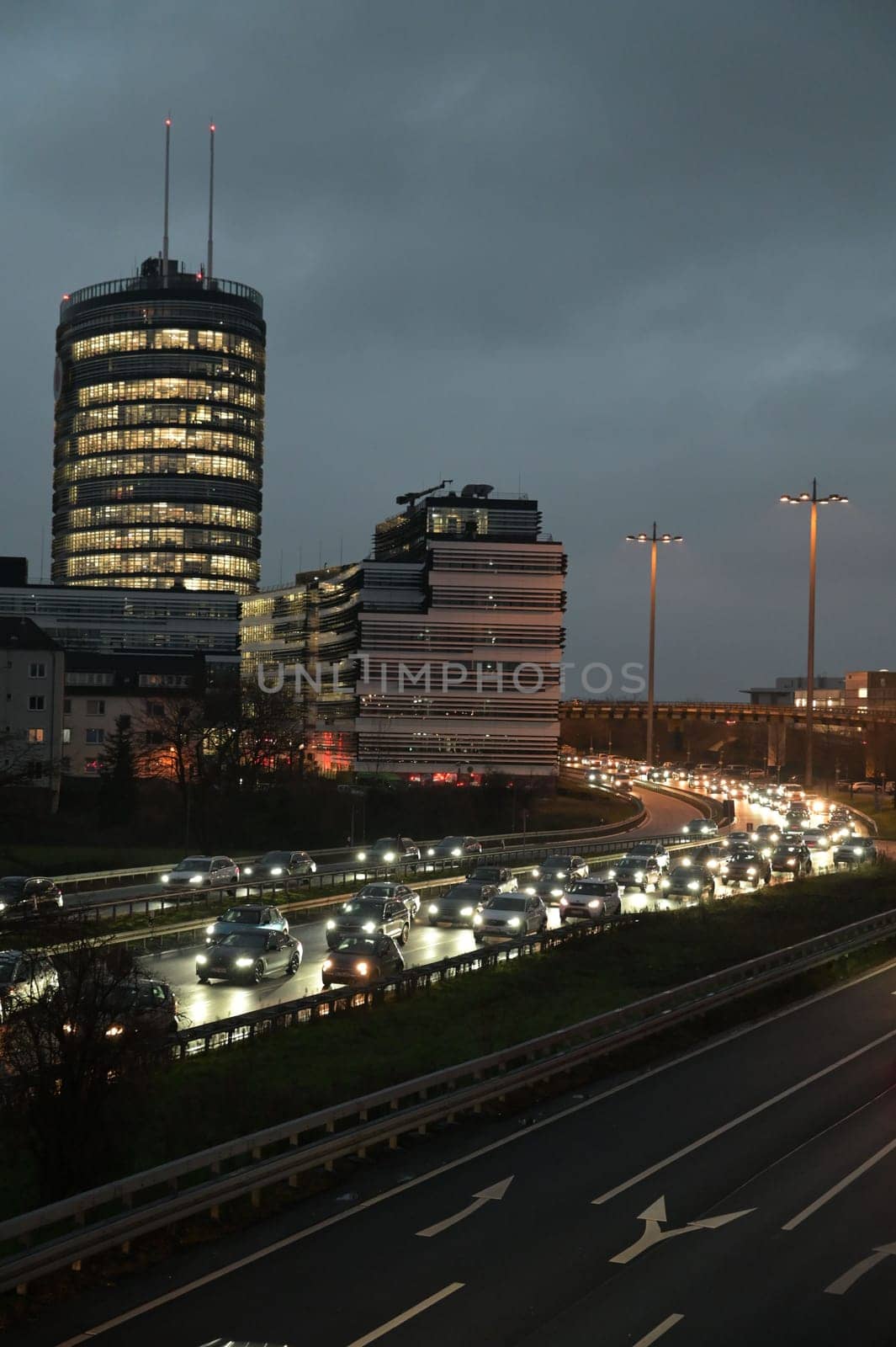 High-angle of cars in a traffic jam during evening rush hour in Duesseldorf, Germany