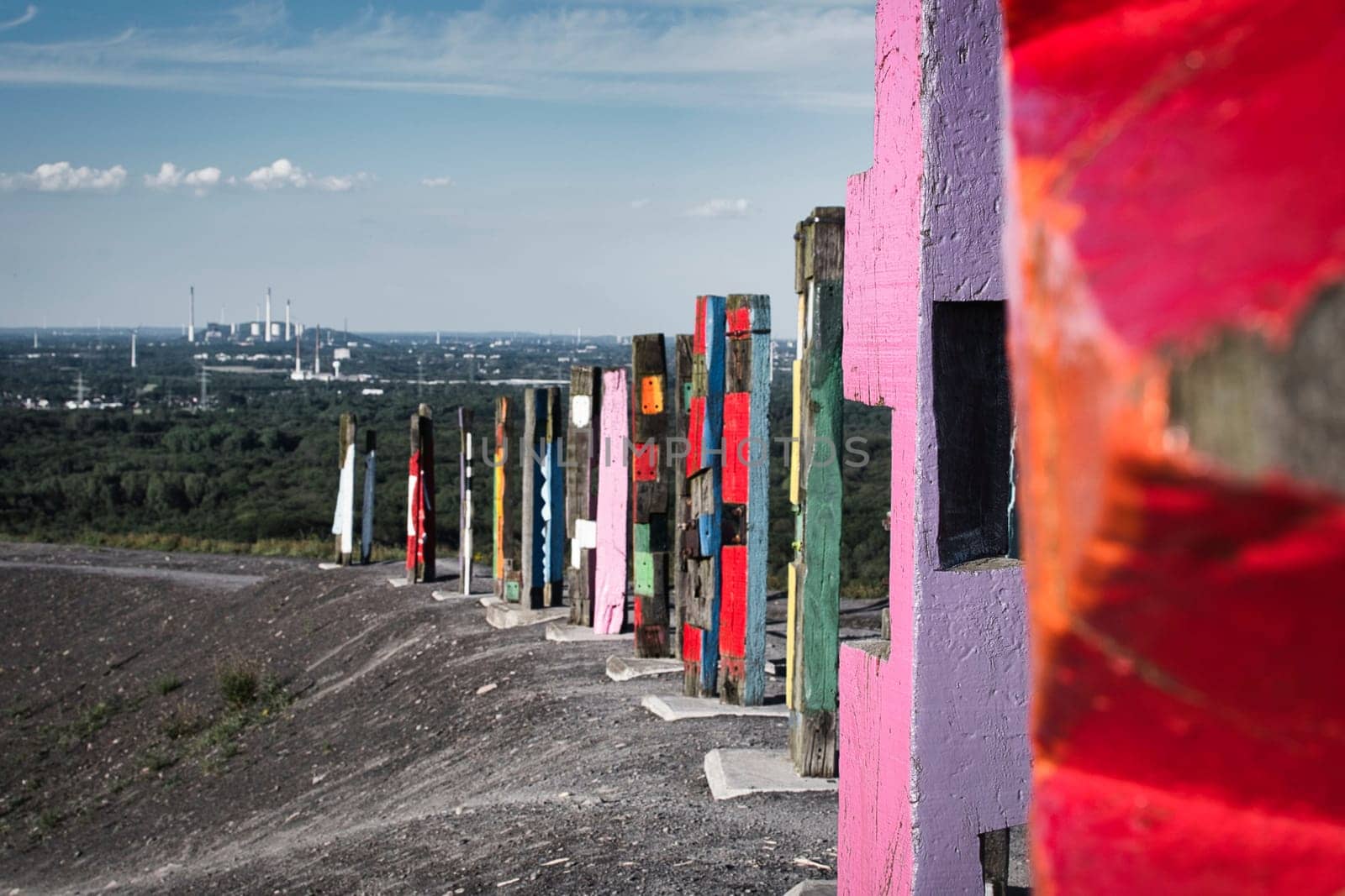 Art installation made of colored piles on the Haniel slagheap in the Ruhr area in Germany