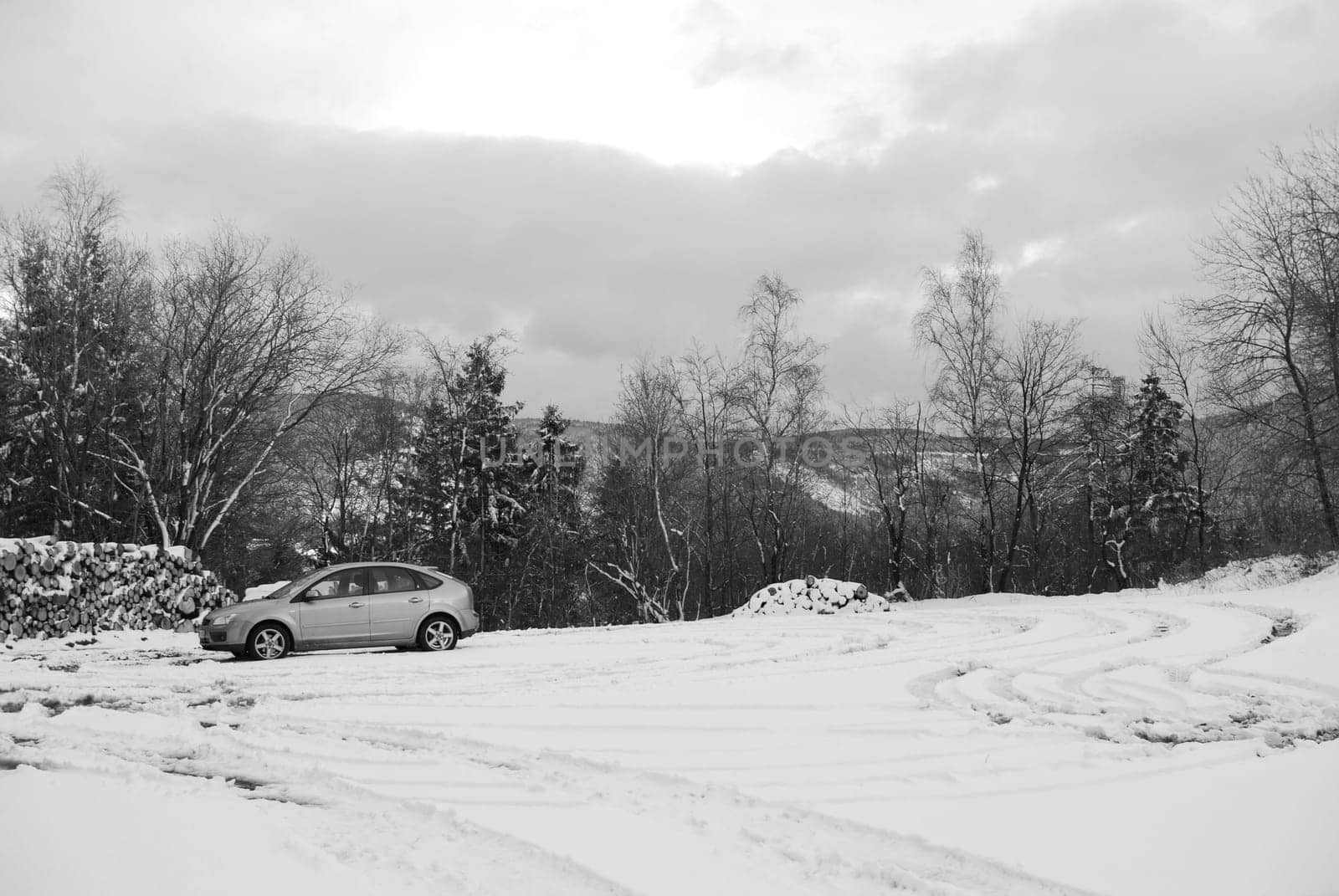 Gray Ford Focus car driving on a trail through a snowy white forest in the Harz mountains