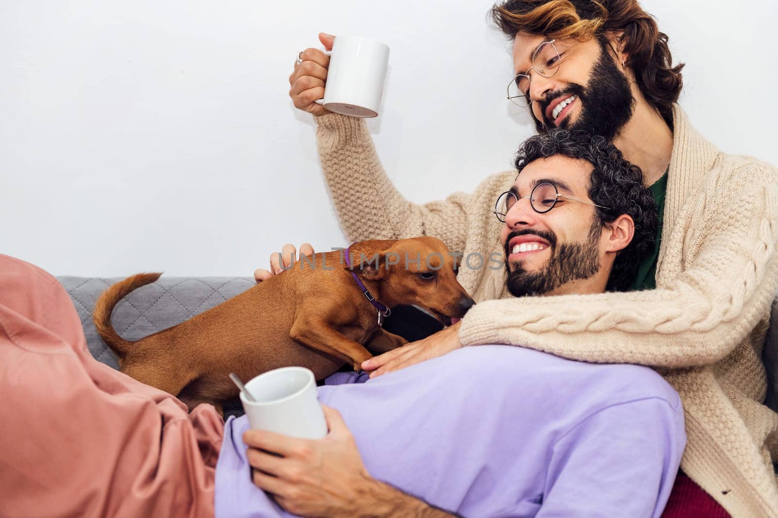 happy couple of gay men with hot drink in their mugs relax on the sofa playing with their little dog, concept of real people lifestyle at home