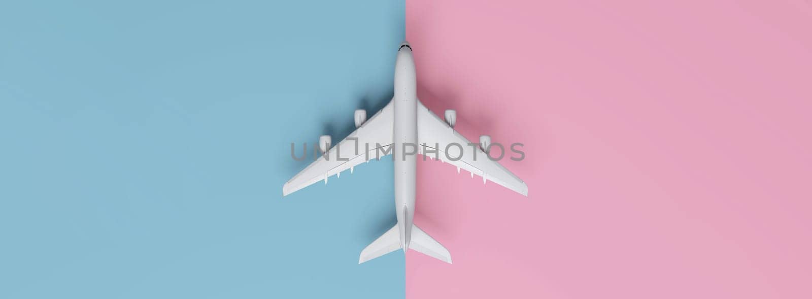 Travel concept with plane on pink and blue runway background with copy space. 3D rendering.