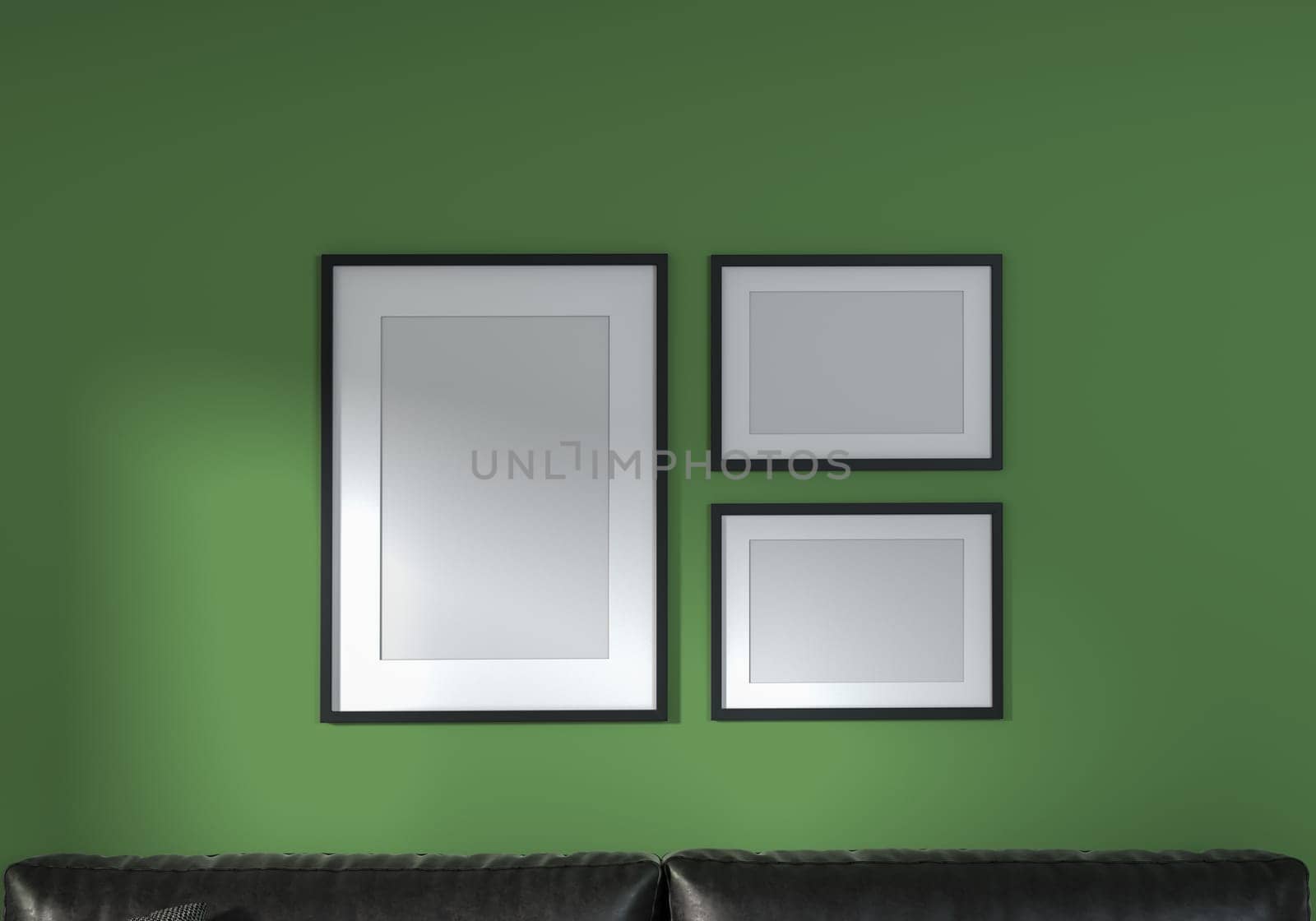 Mock up frames close up in home interior green ecological background. 3d rendering.