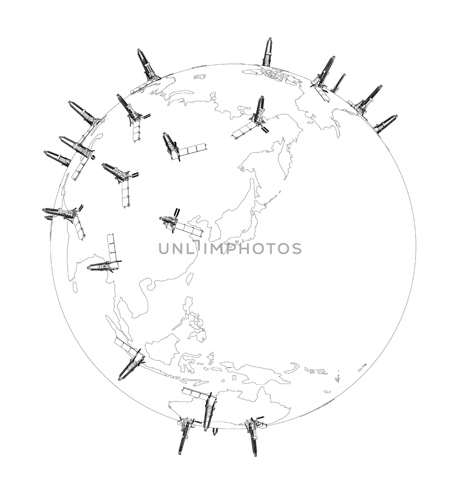 Oil rigs on Earth on white. 3d illustration. Wire-frame style