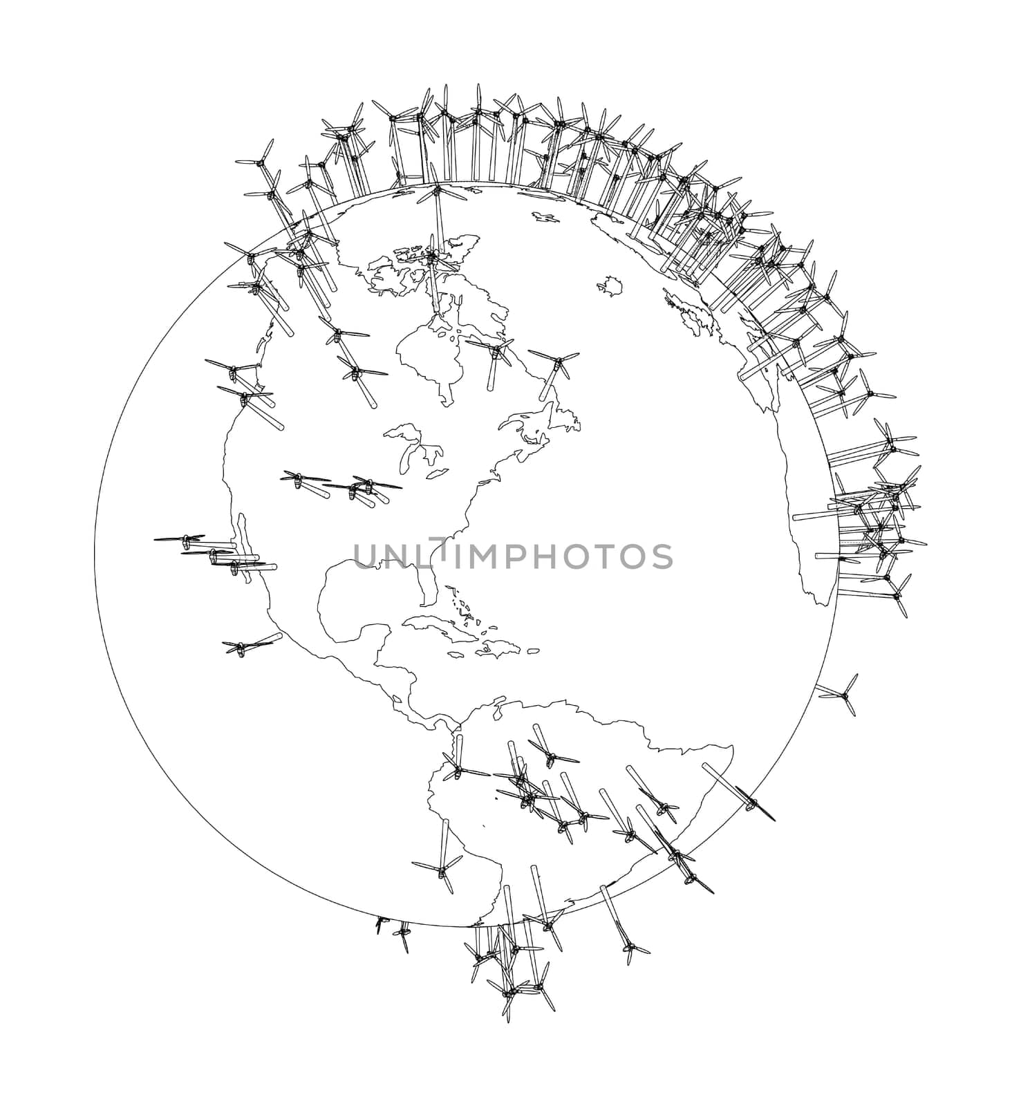 Electric wind turbines on Earth. 3d illustration