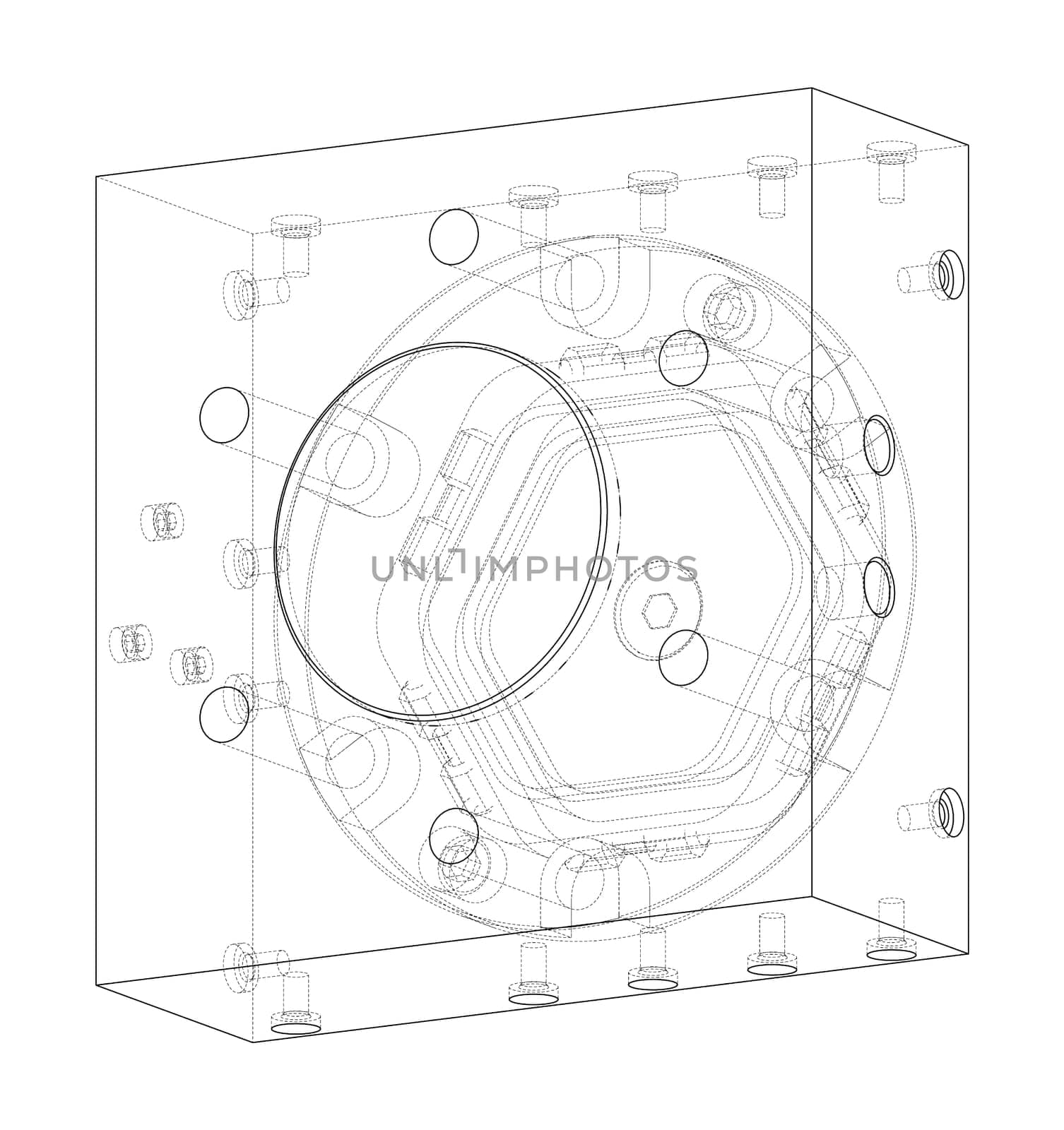 Abstract industry object concept. 3d illustration. Wire-frame style