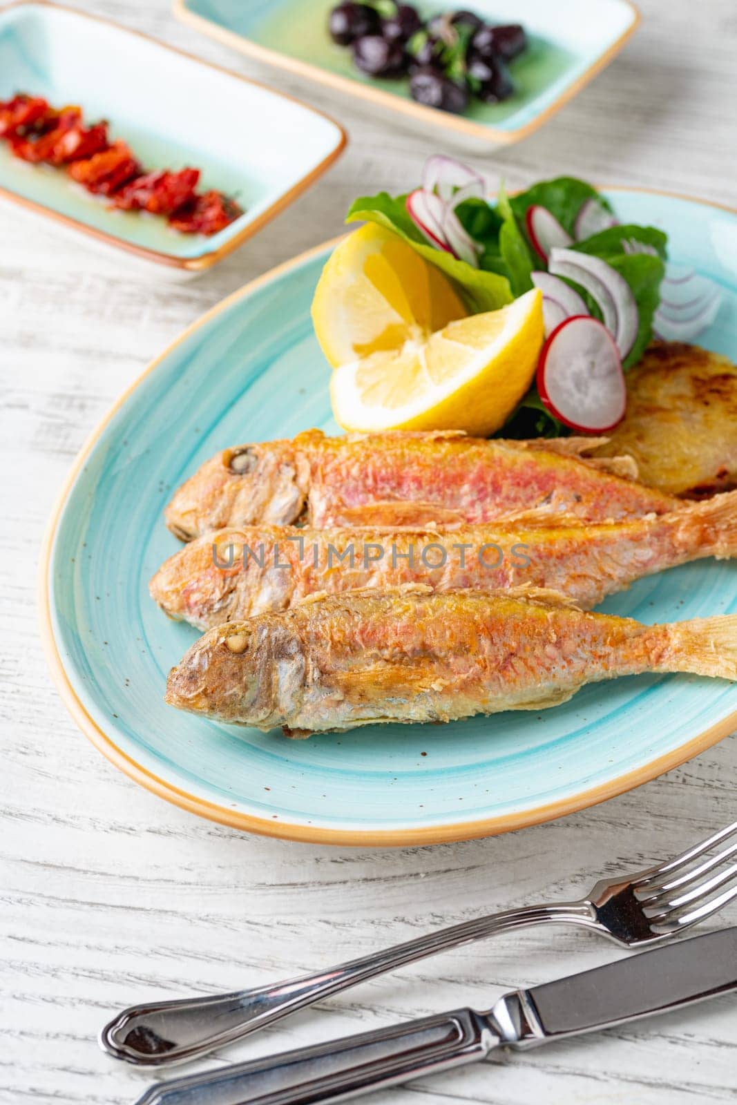 Delicious grilled red mullet fish with garnishes like lemon, greens and onions by Sonat