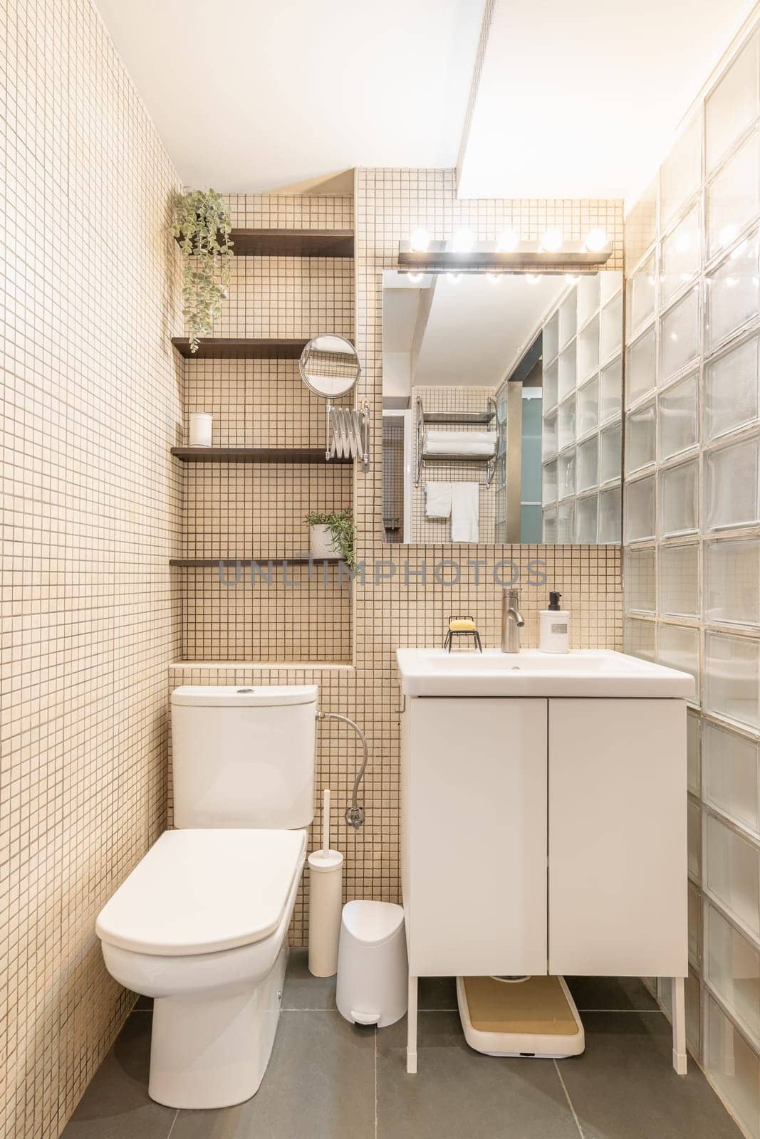 Stylish small bathroom with a toilet bowl and a sink with shelves on the background of beige mosaic tiles and glass bricks of the wall. Concept of stylish solutions in a small space.