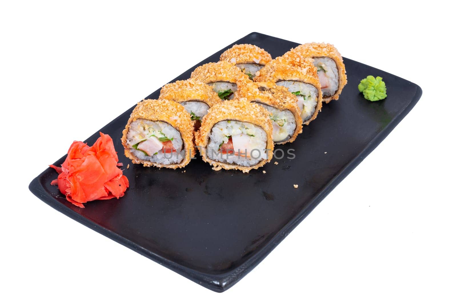 Japanese Cuisine - Sushi Roll with Shrimps and Conger, Avocado, Tobiko and Cheese. sushi rolls tempura,japanese food style