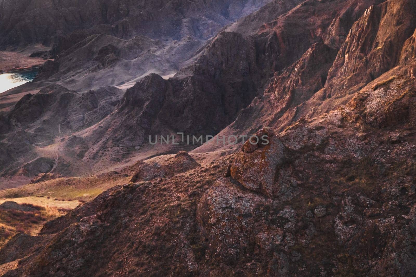 Rocky scenic landscape at dawn similar to the surface of the planet Mars.