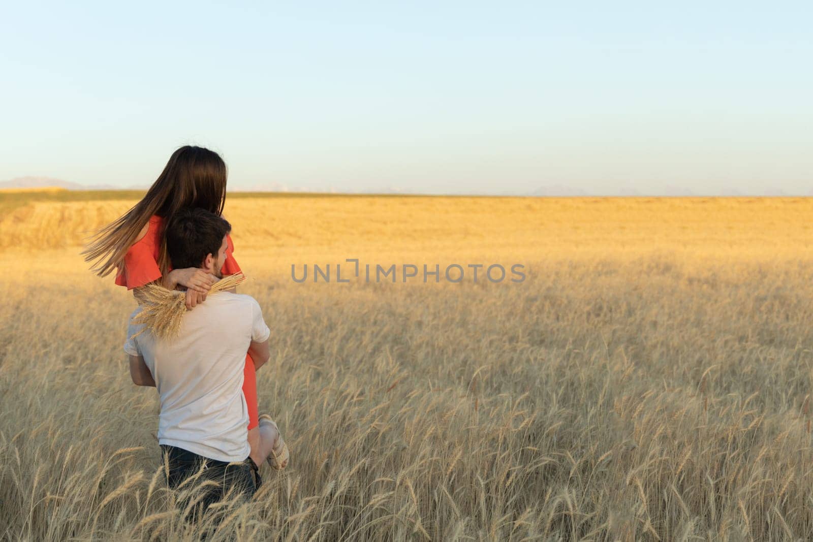 A young man picked up his woman in his arms and carries her on sunset in wheat field. by Ri6ka