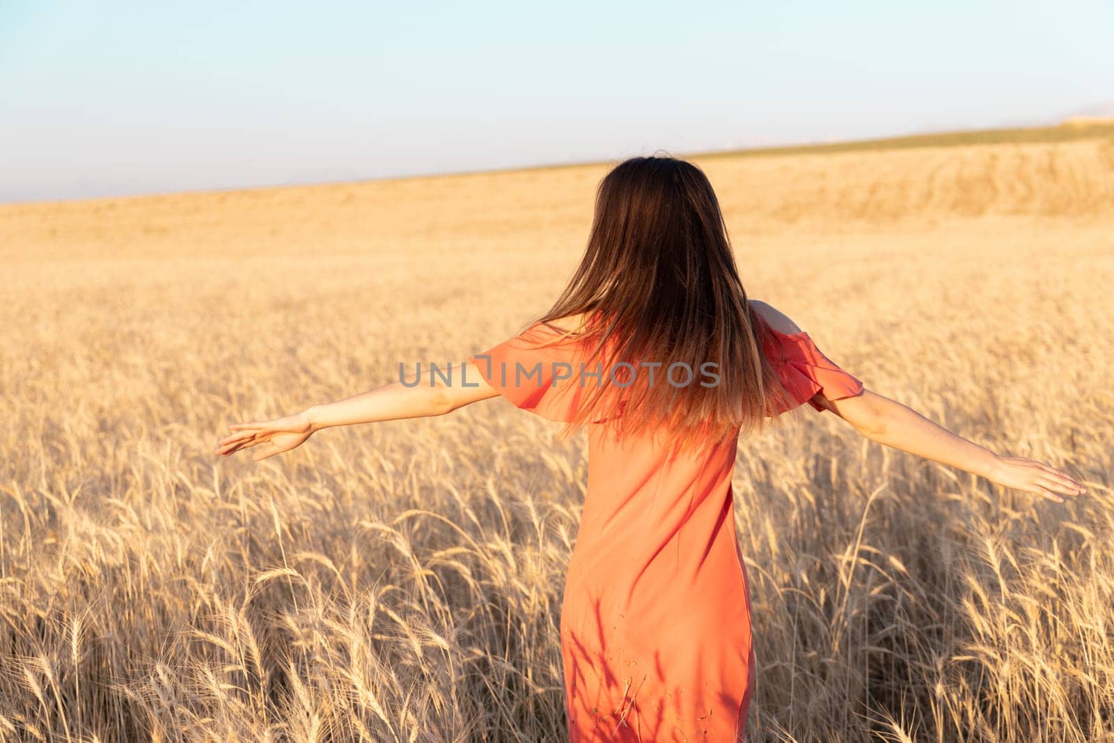 Unrecognizable woman in the wheat field. Moments of joy. Arms out to the side. Copy space by Ri6ka