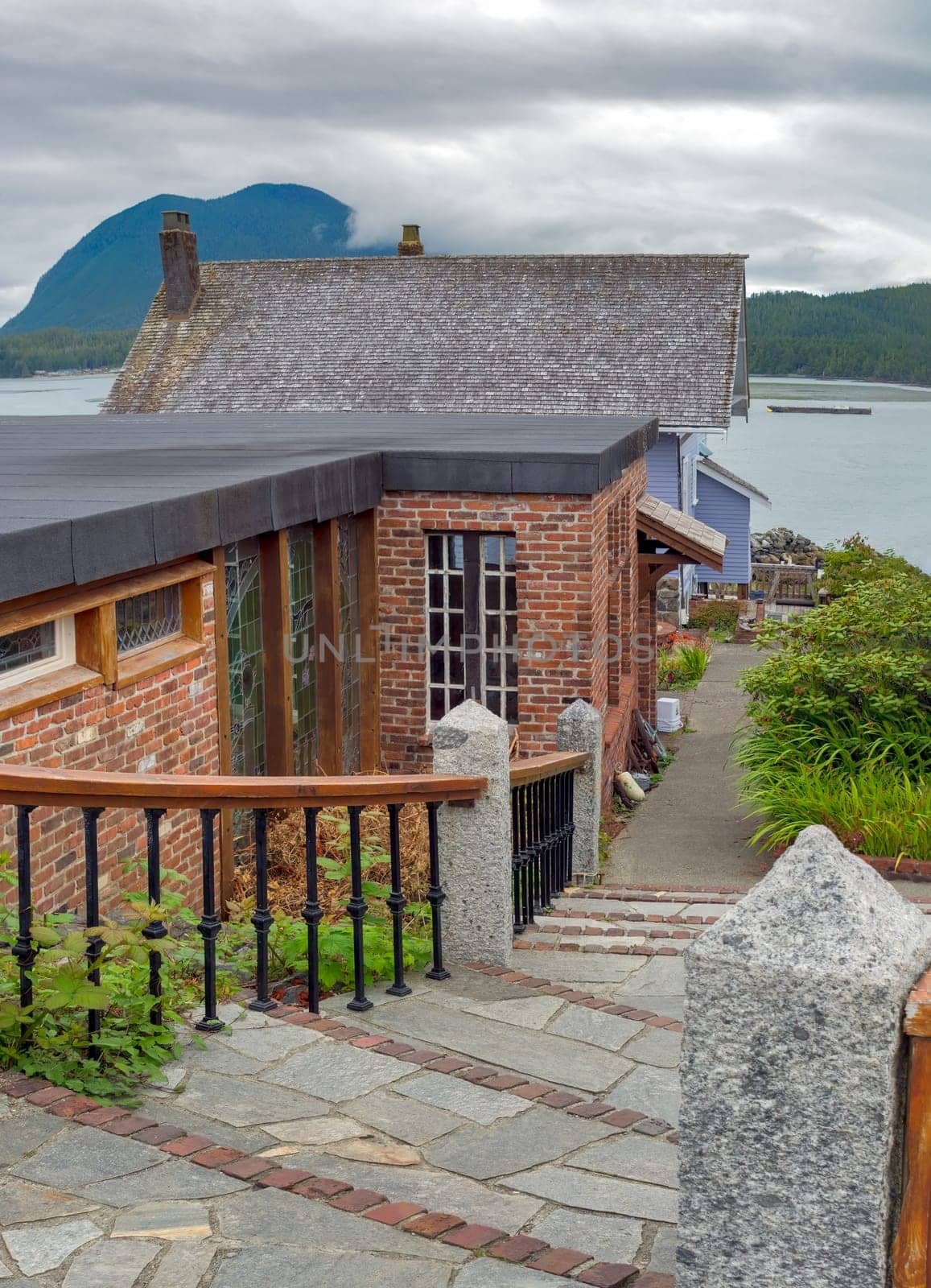 Walkway to the residential house at the waterfront in Tofino, BC, Canada