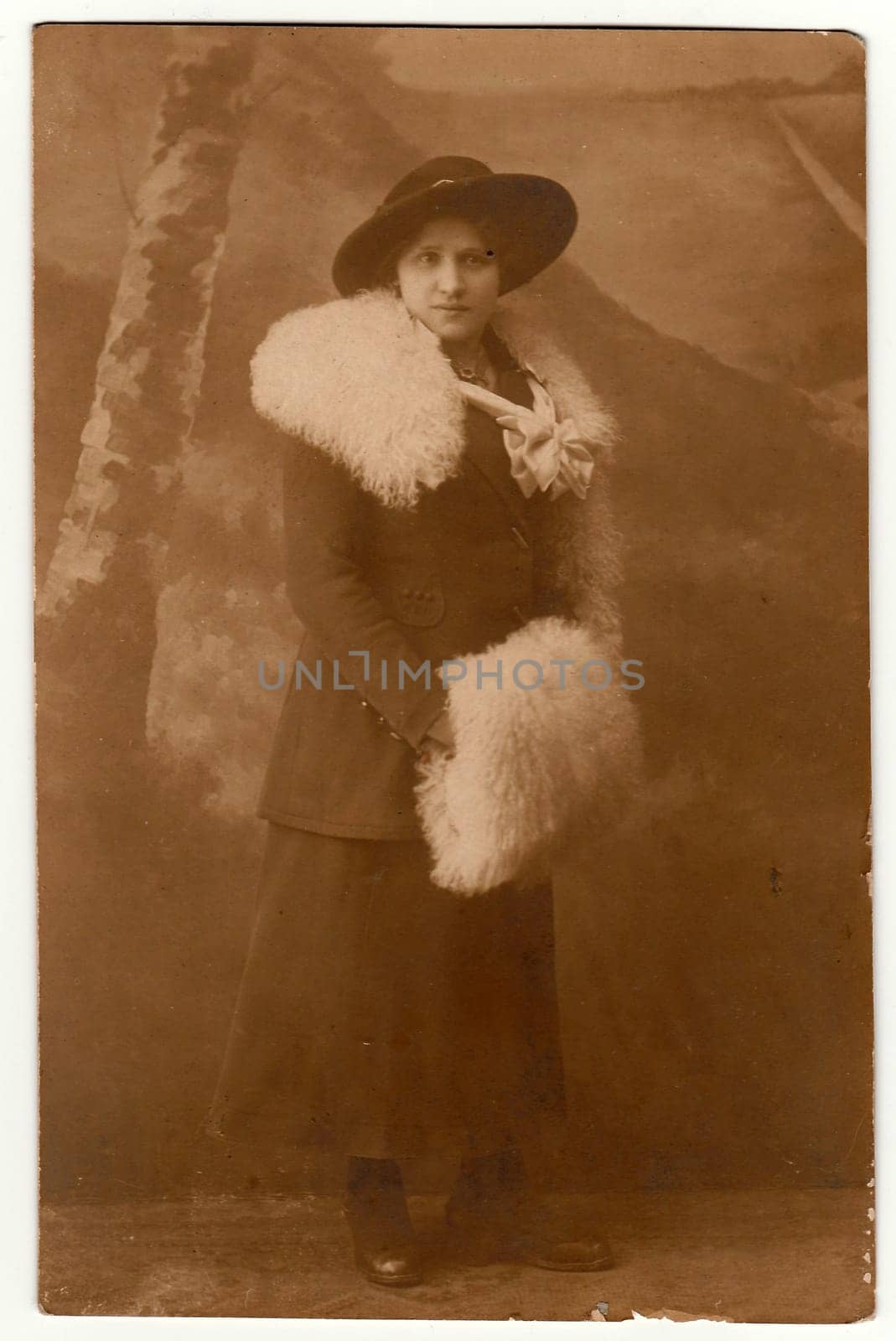 Vintage photo shows woman wears white fur corral and white muff. An elegant woman wears wide-brimmed hat. by roman_nerud