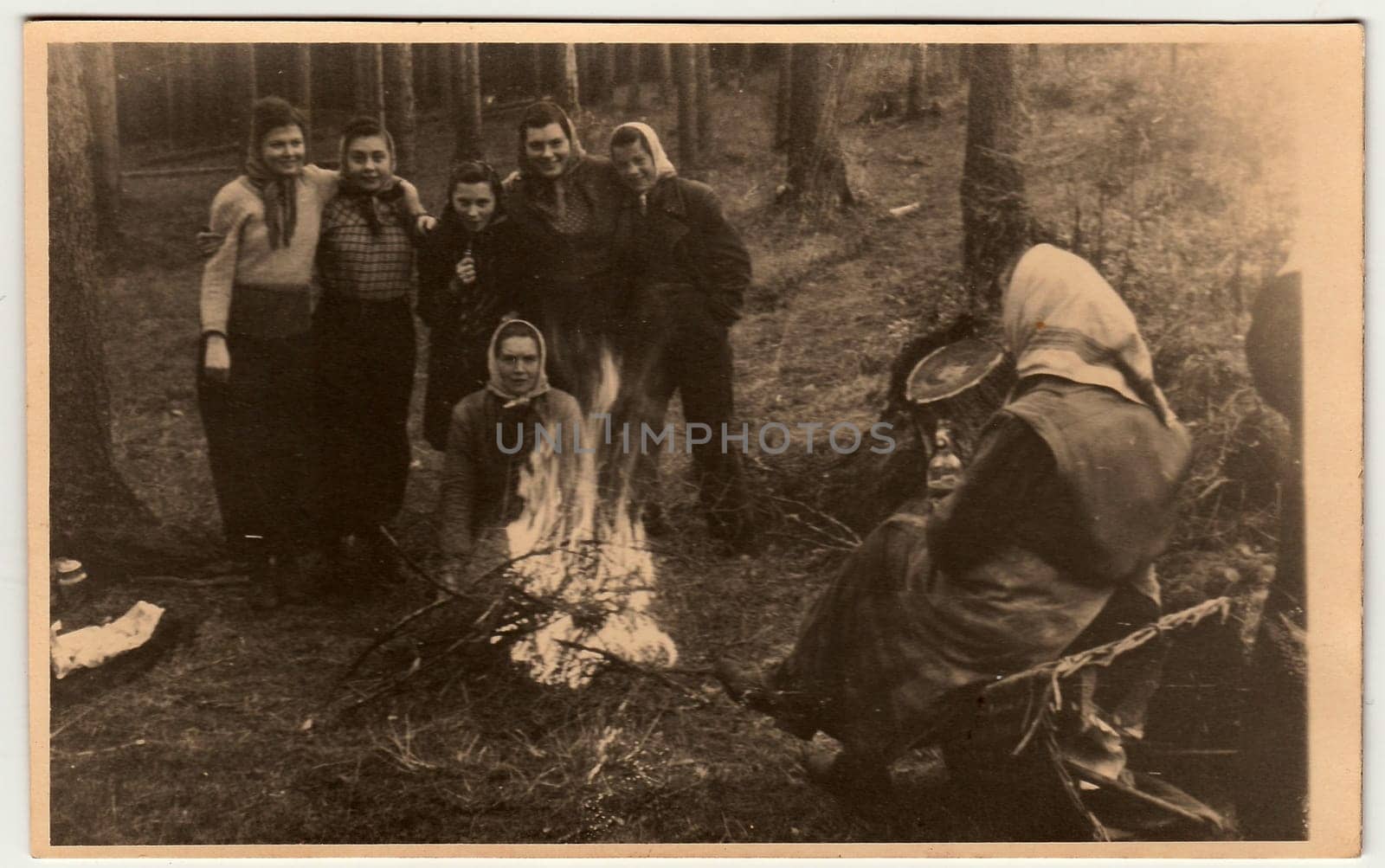 THE CZECHOSLOVAK REPUBLIC - CIRCA 1950s: Vintage photo shows rural women in the forrest . Black & white antique photography.