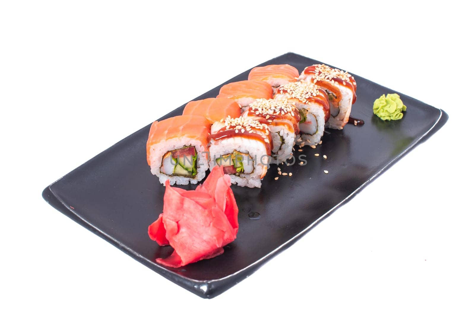 Japanese Cuisine - Sushi Roll with Shrimps and Conger, Avocado, Tobiko and Cheese. sushi rolls tempura,japanese food style