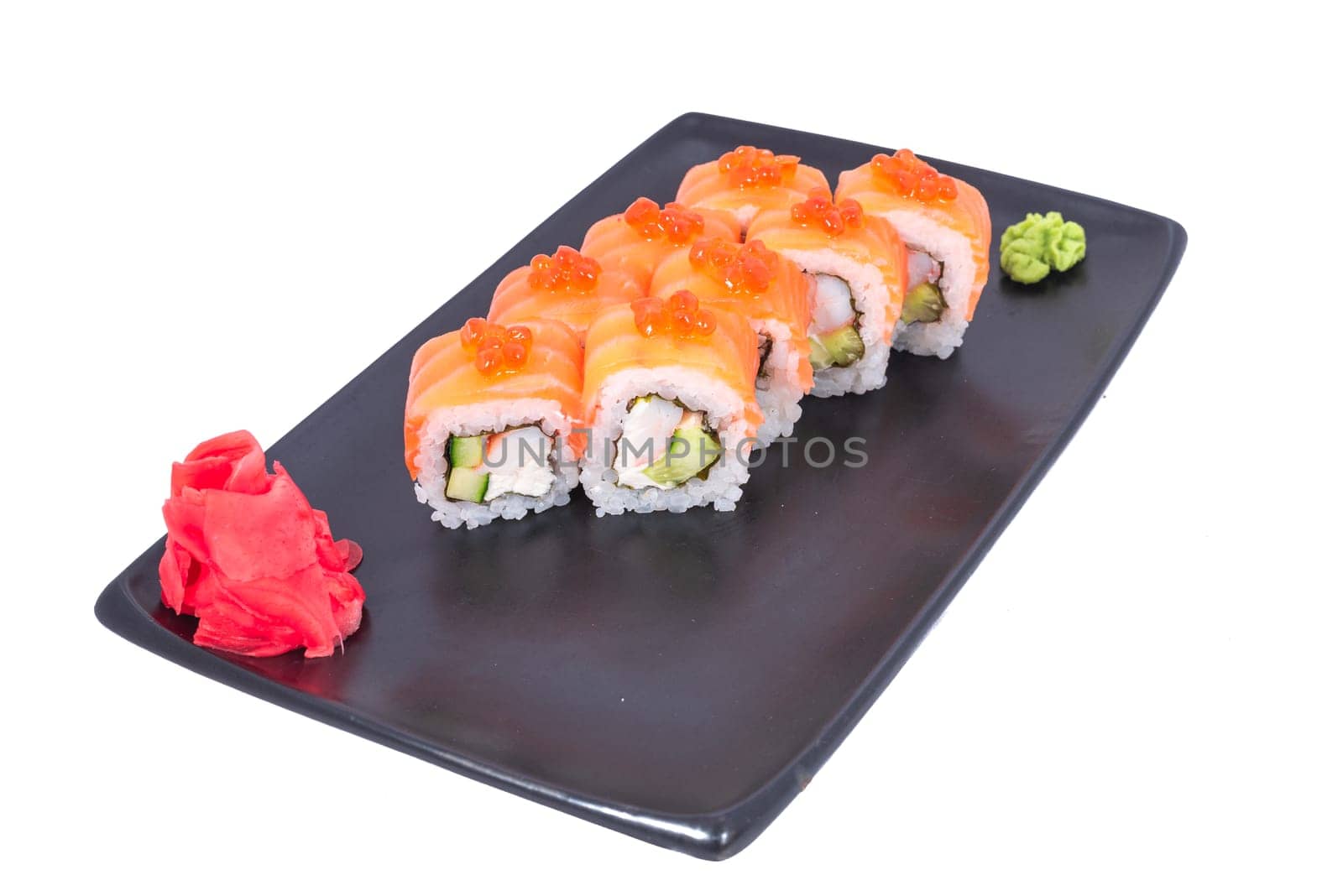 Japanese seafood Sushi roll isolated on white close up. Japanese food restaurant, sushi maki gunkan roll plate or platter set. Maki Sushi rolls with salmon and avocado. Sushi isolated at white background. flat lay. Japanese Cuisine - Sushi Roll with Shrimps and Conger, Avocado, Tobiko and Cheese. sushi rolls tempura,japanese food style ,Traditional Japanese cuisine, Crunchy Shrimp Tempura Roll by Andrii_Ko