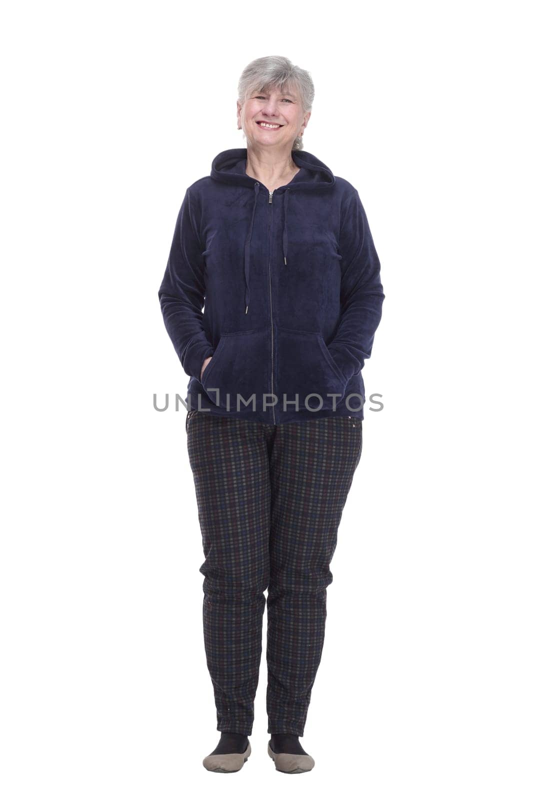 in full growth. smiling old woman in an autumn jacket with a hood . isolated on a white background.