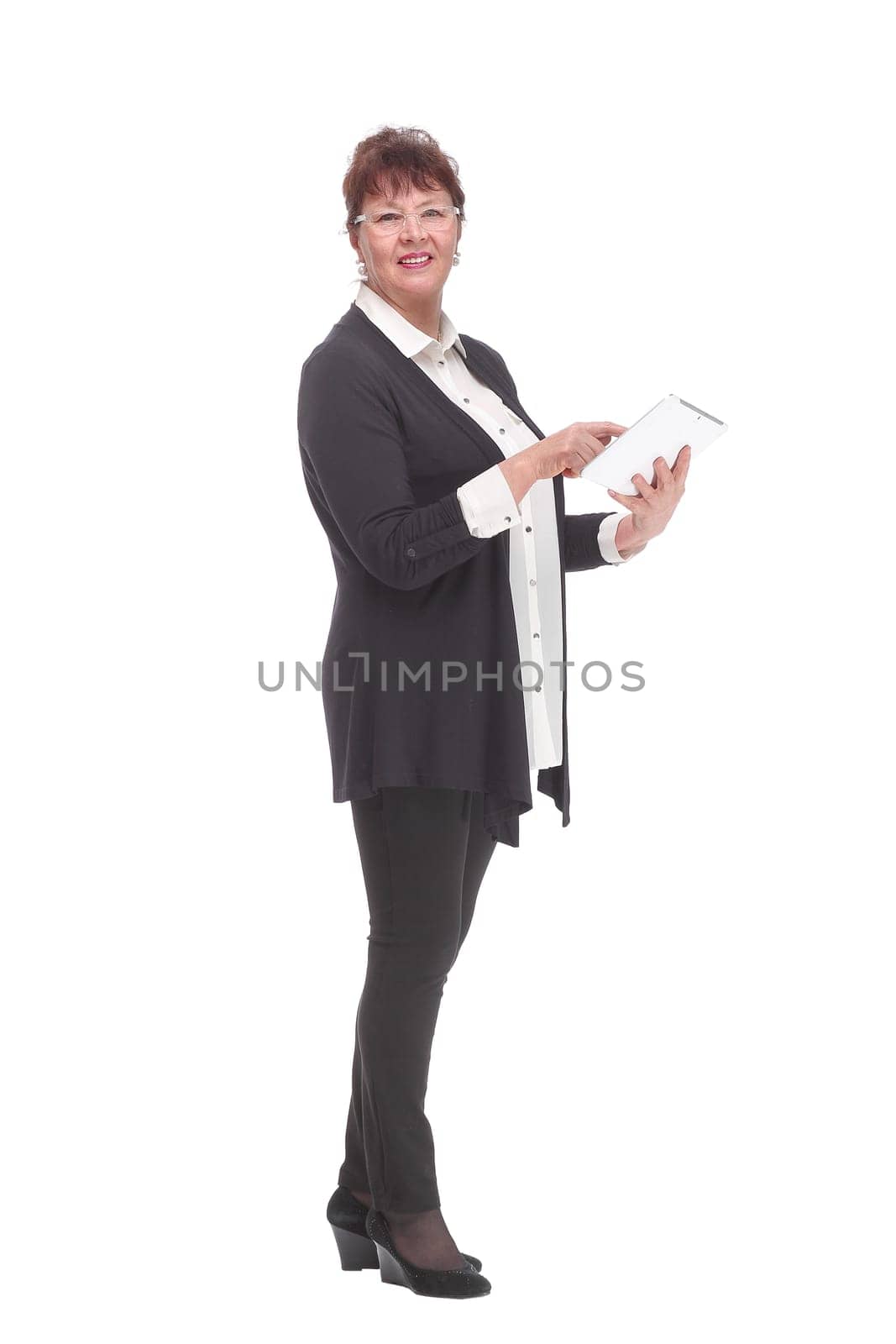 Front view of smiling business woman with tablet computer. Isolated over white background