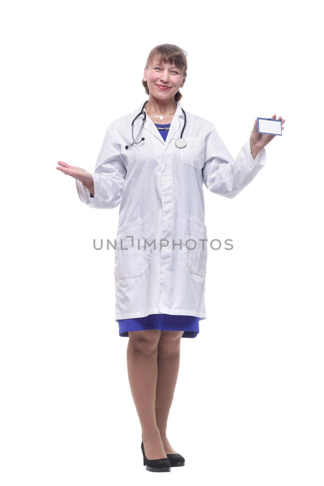 Medical doctor showing business card. Woman medical professional isolated on white background