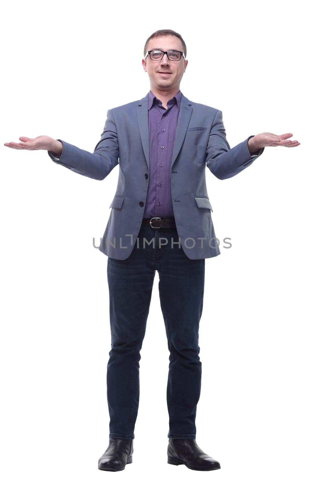Happy businessman with open palm offering something. Concept of holding or giving