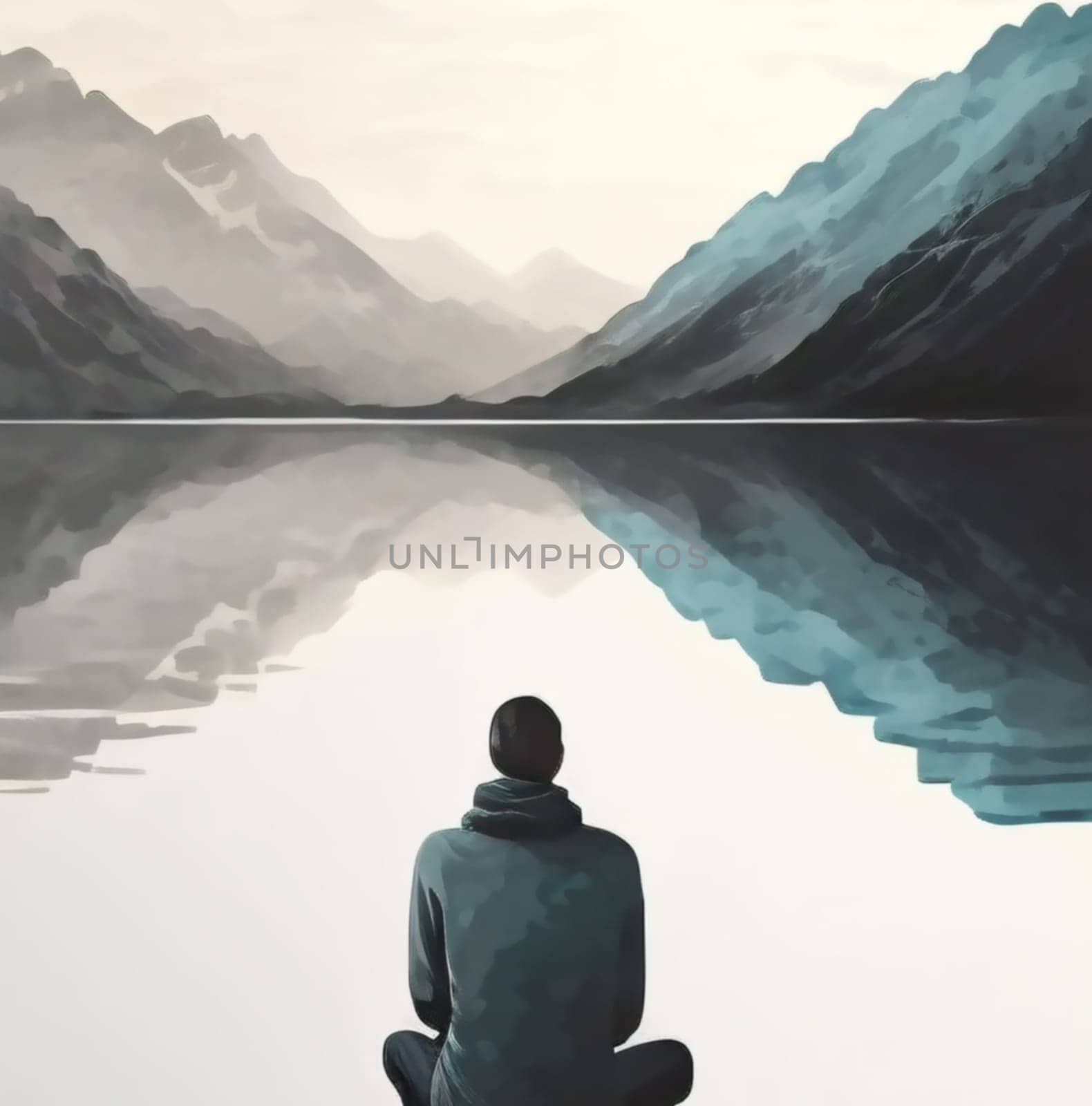 man relaxing along at a calm lake