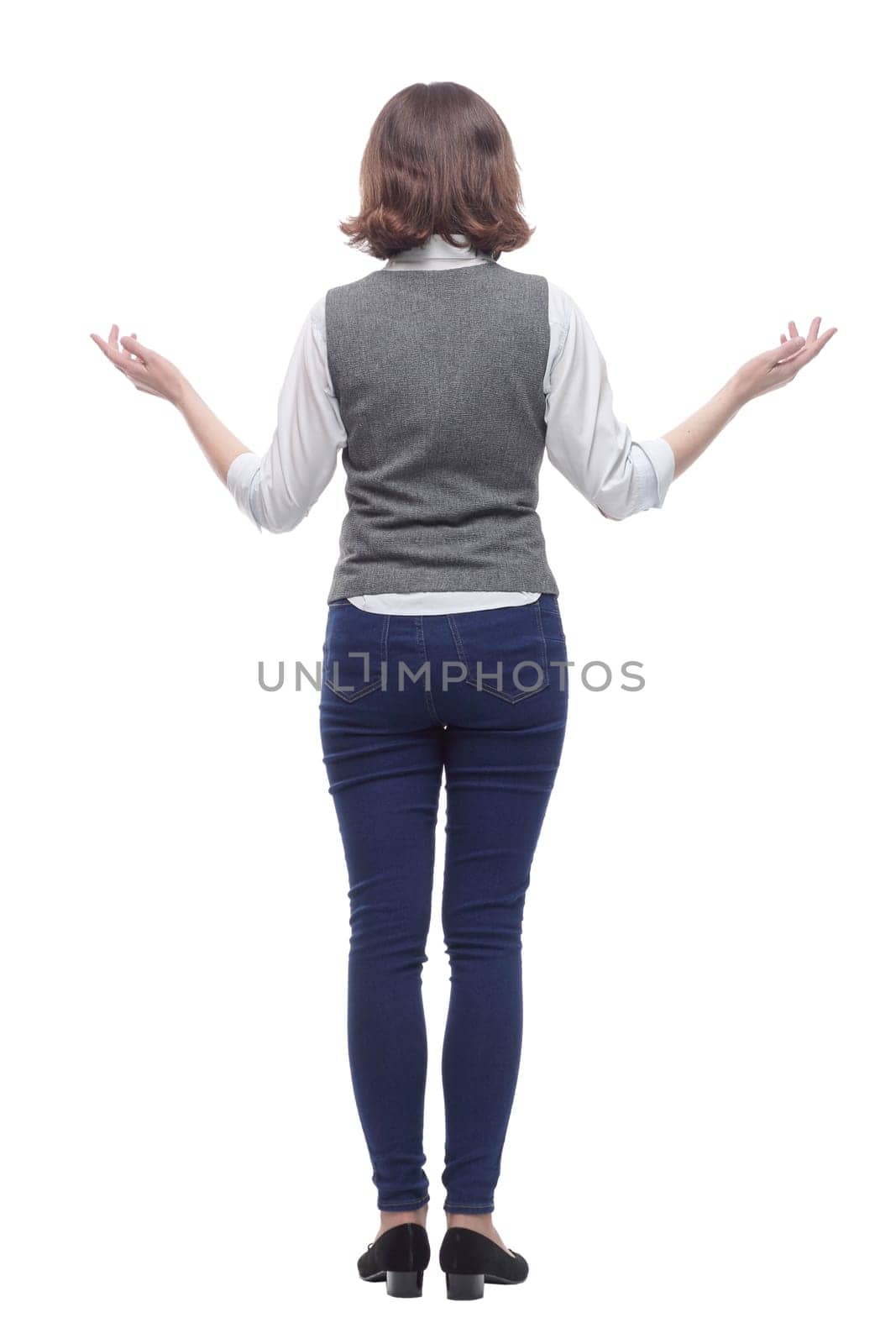 Mature woman in casual clothes looking forward. isolated on a white background.