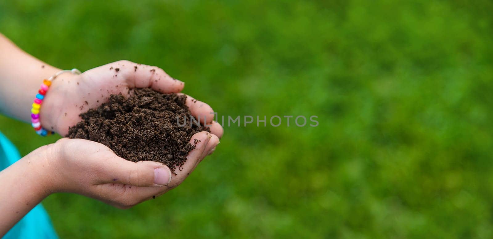 The child holds the soil in his hands. Selective focus. Kid.