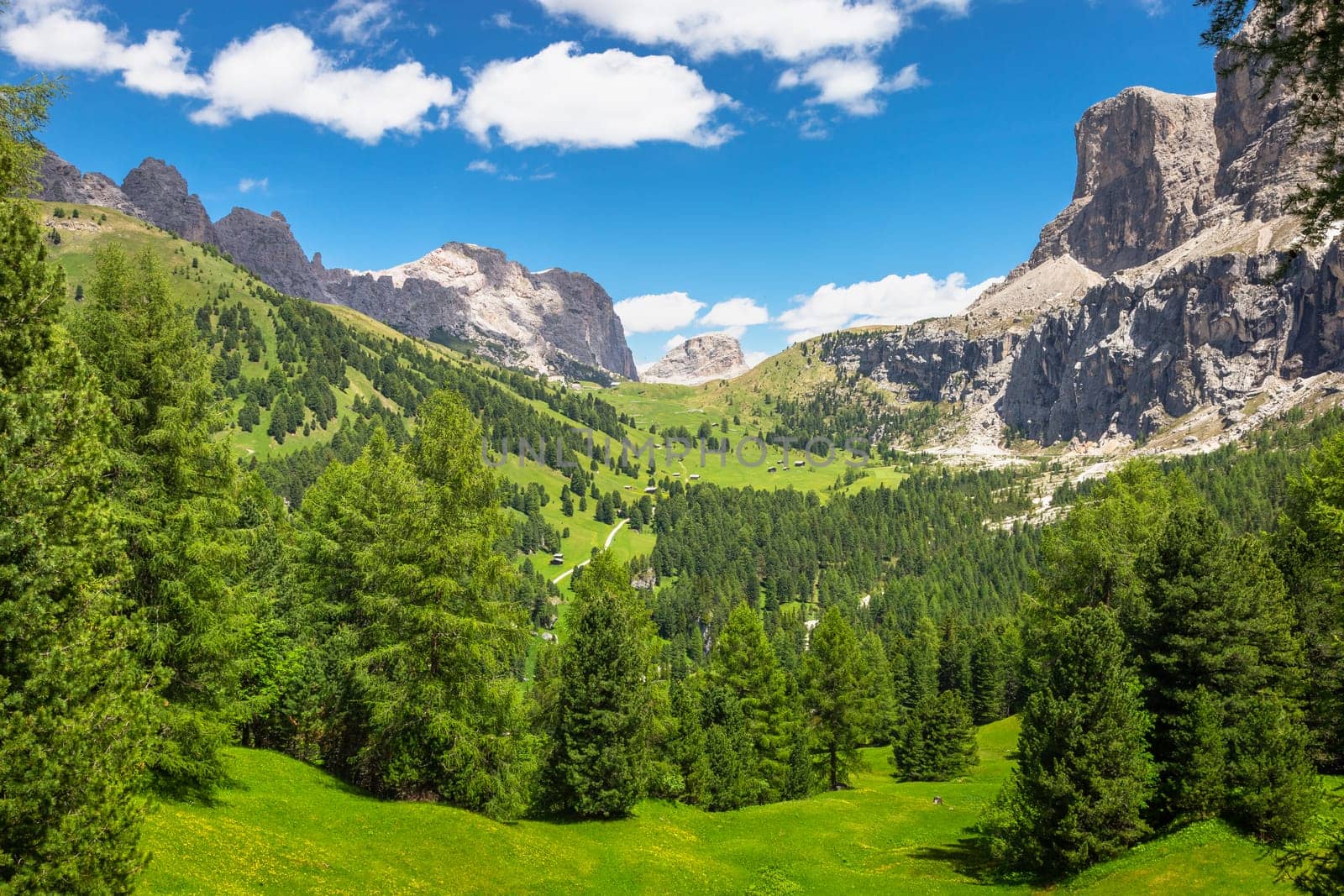 Idyllic landscape in Gardena pass valley and Sassolungo massif, italian Dolomites at springtime, Italy