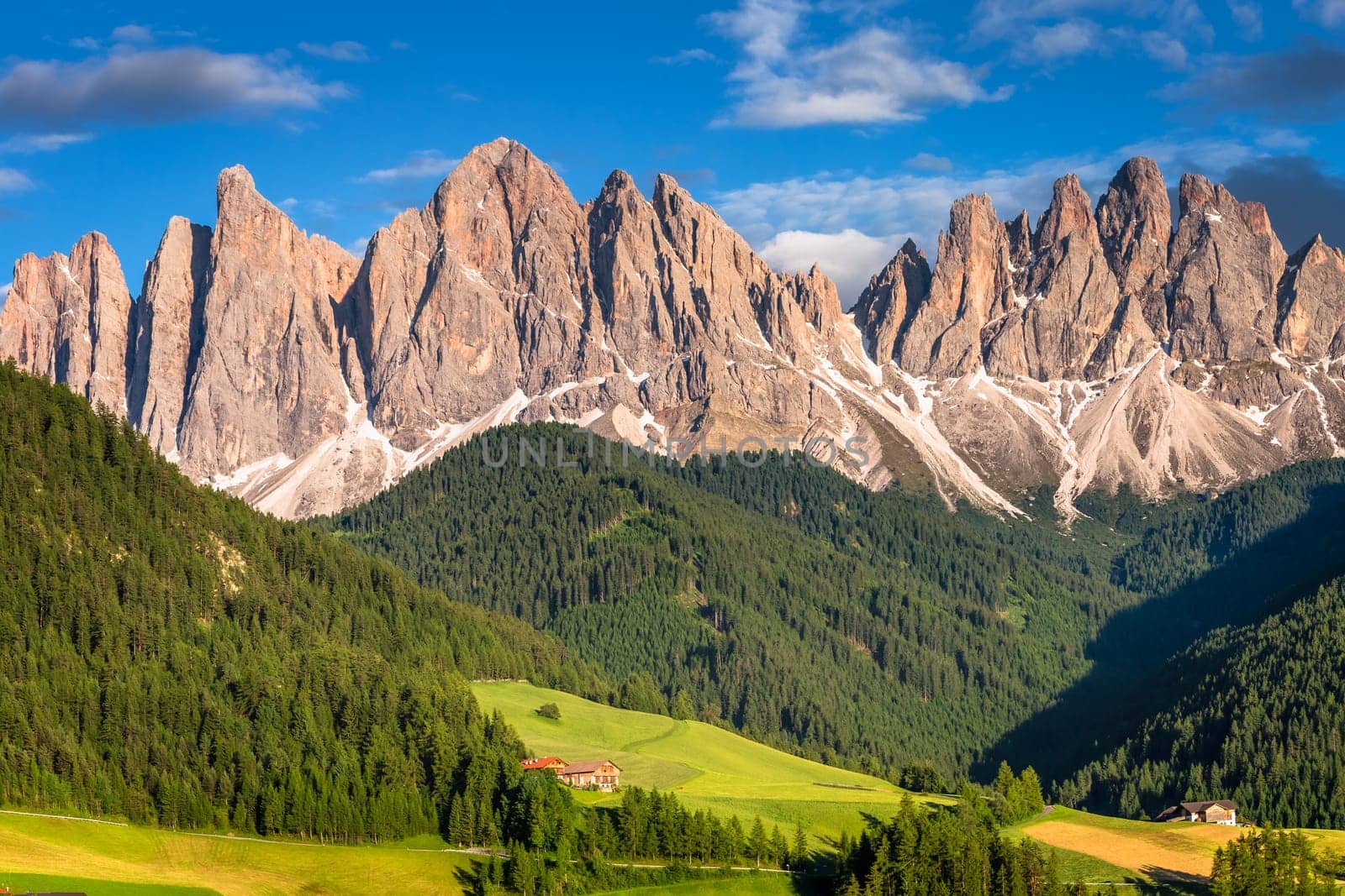 Santa Magdalena countryside in Val di Funes on the italian Dolomites at sunrise, Italy