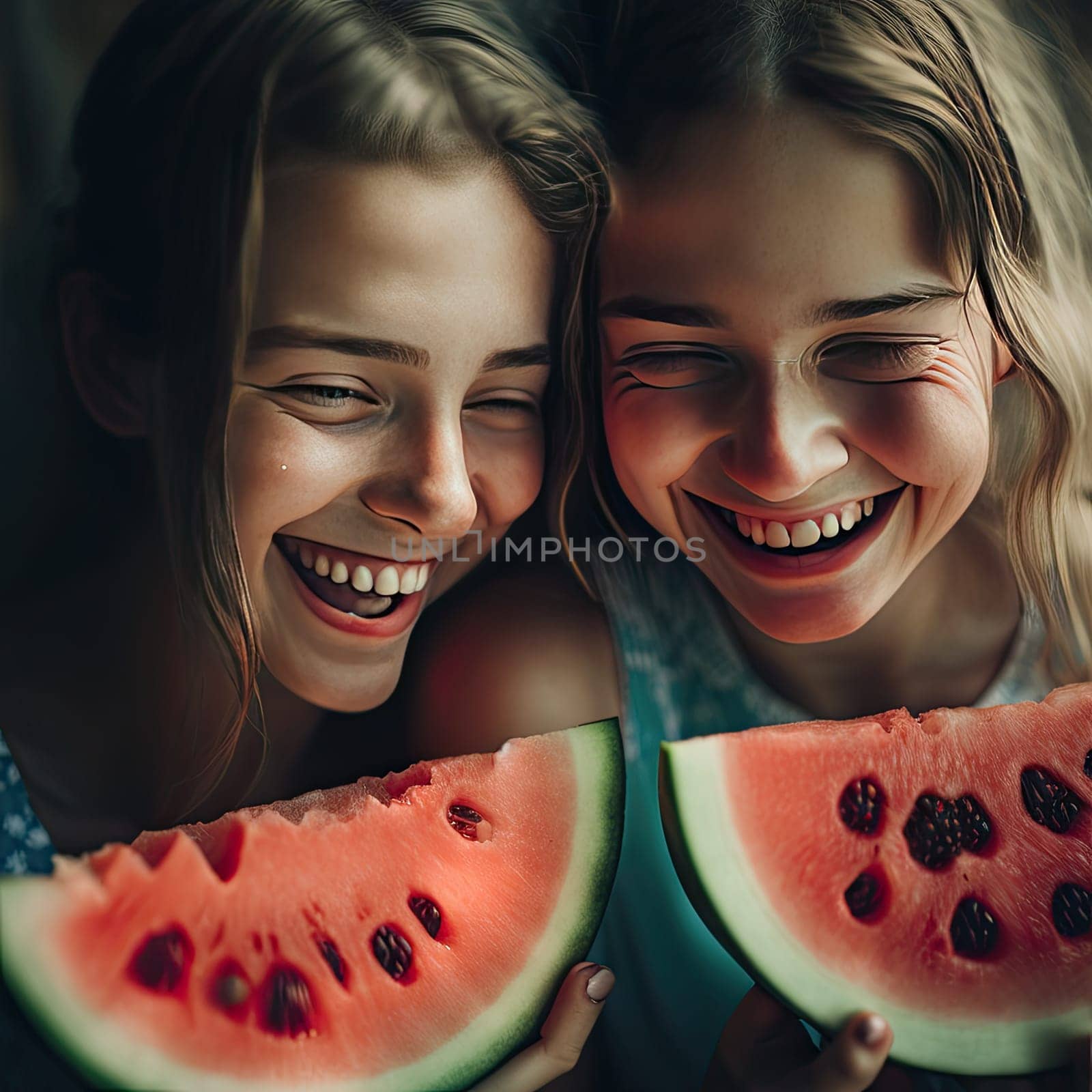 lose up portrait of two young girls enjoying a watermelon. Female friends eating a watermelon slice and laughing together.