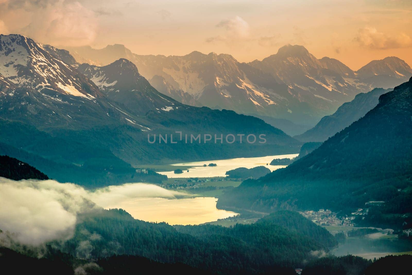 Dramatic Alpine landscape above St Moritz at sunset, Engadine, Muottas Muragl, Switzerland