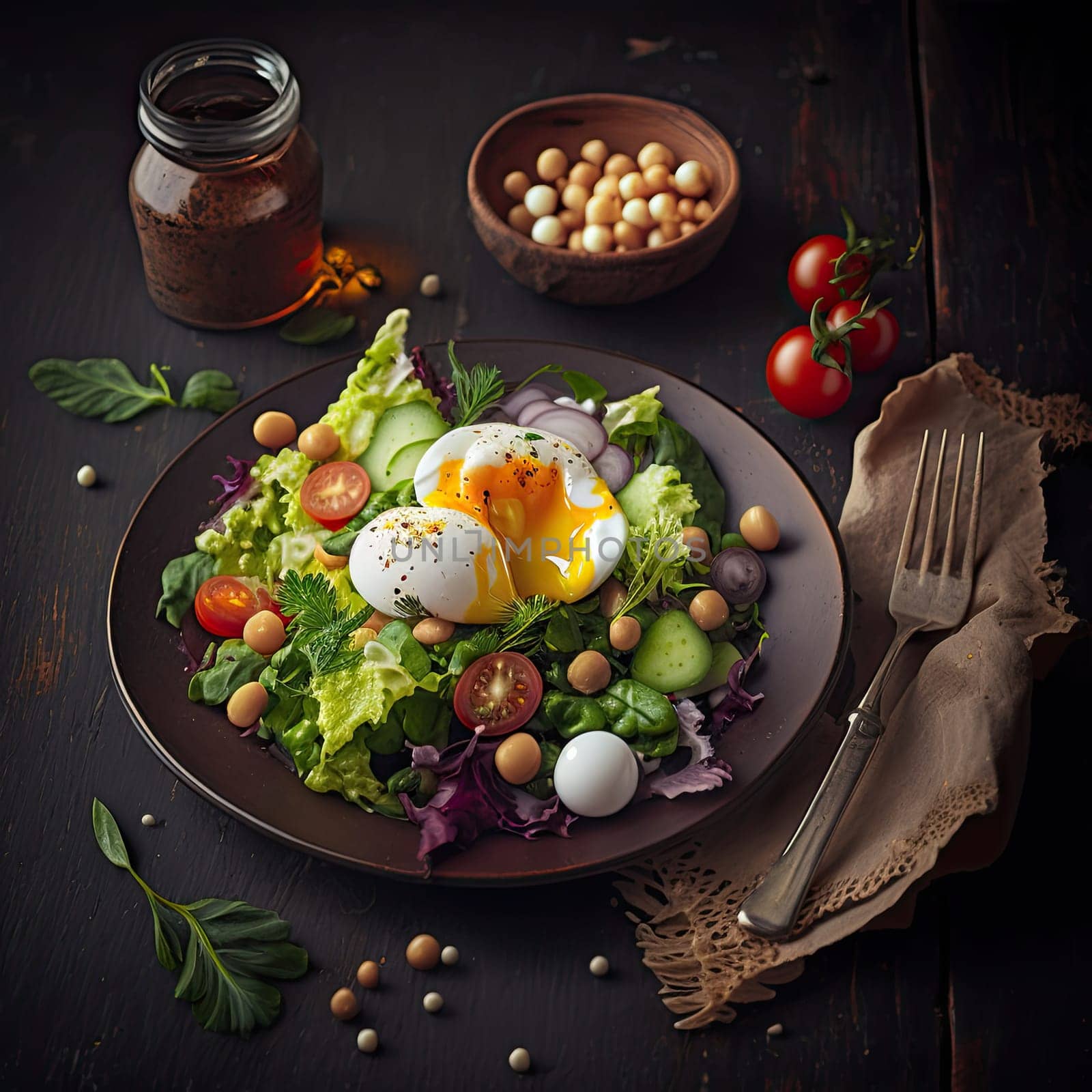 Healthy and tasty salad with fresh vegetables, chickpeas and poached egg.