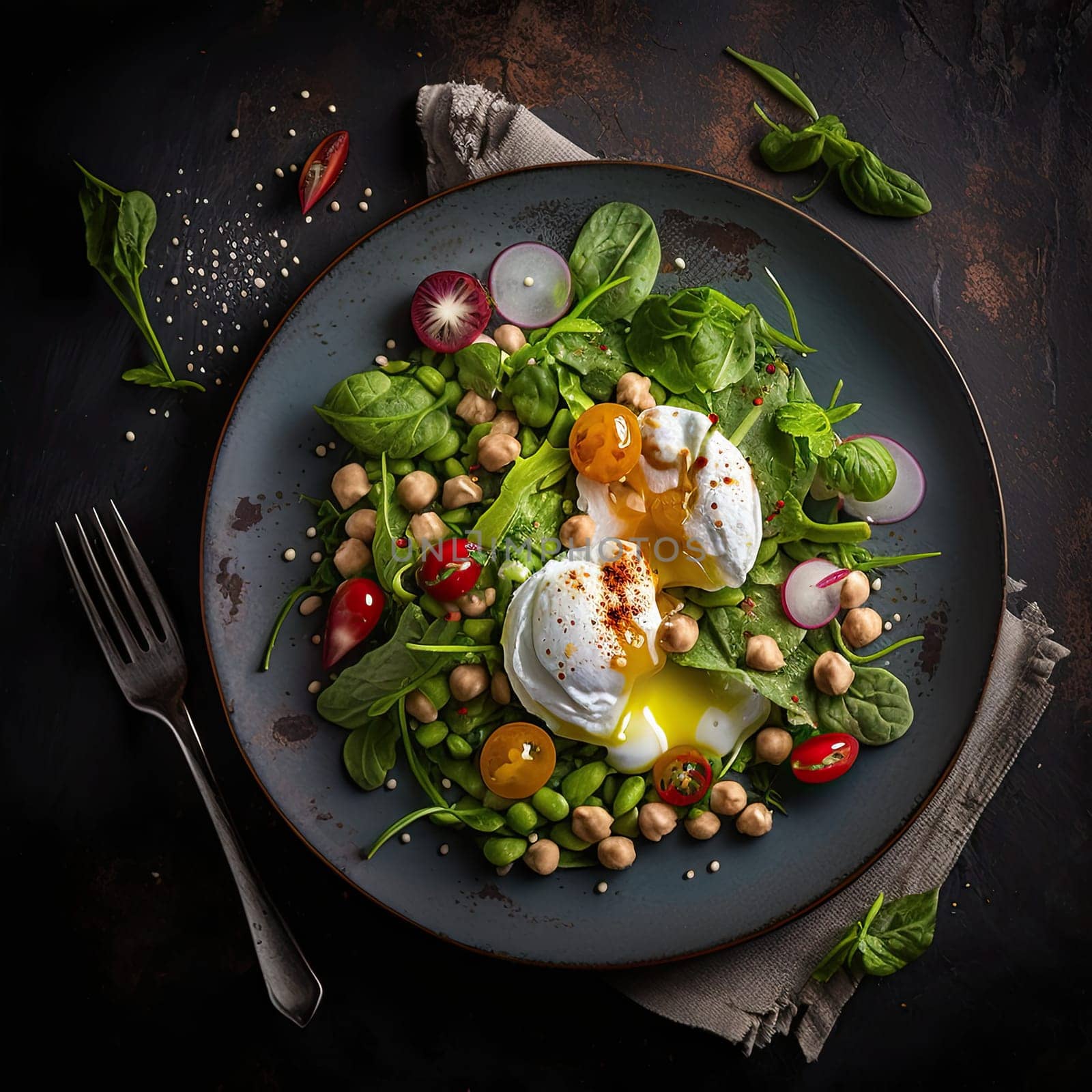 Fresh vegetable salad with chickpeas and feta cheese topped with poached egg