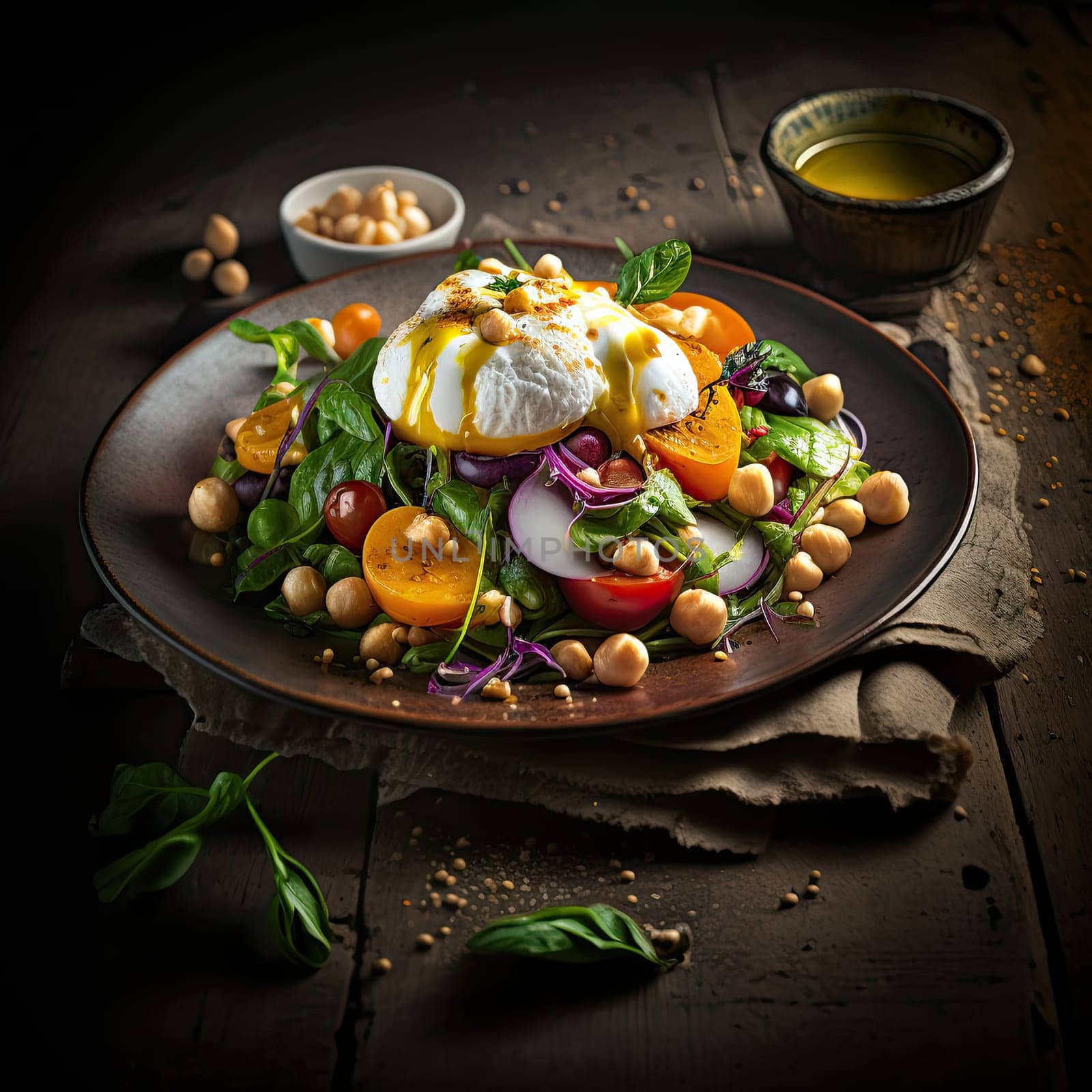Healthy and tasty salad with fresh vegetables, chickpeas and poached egg.