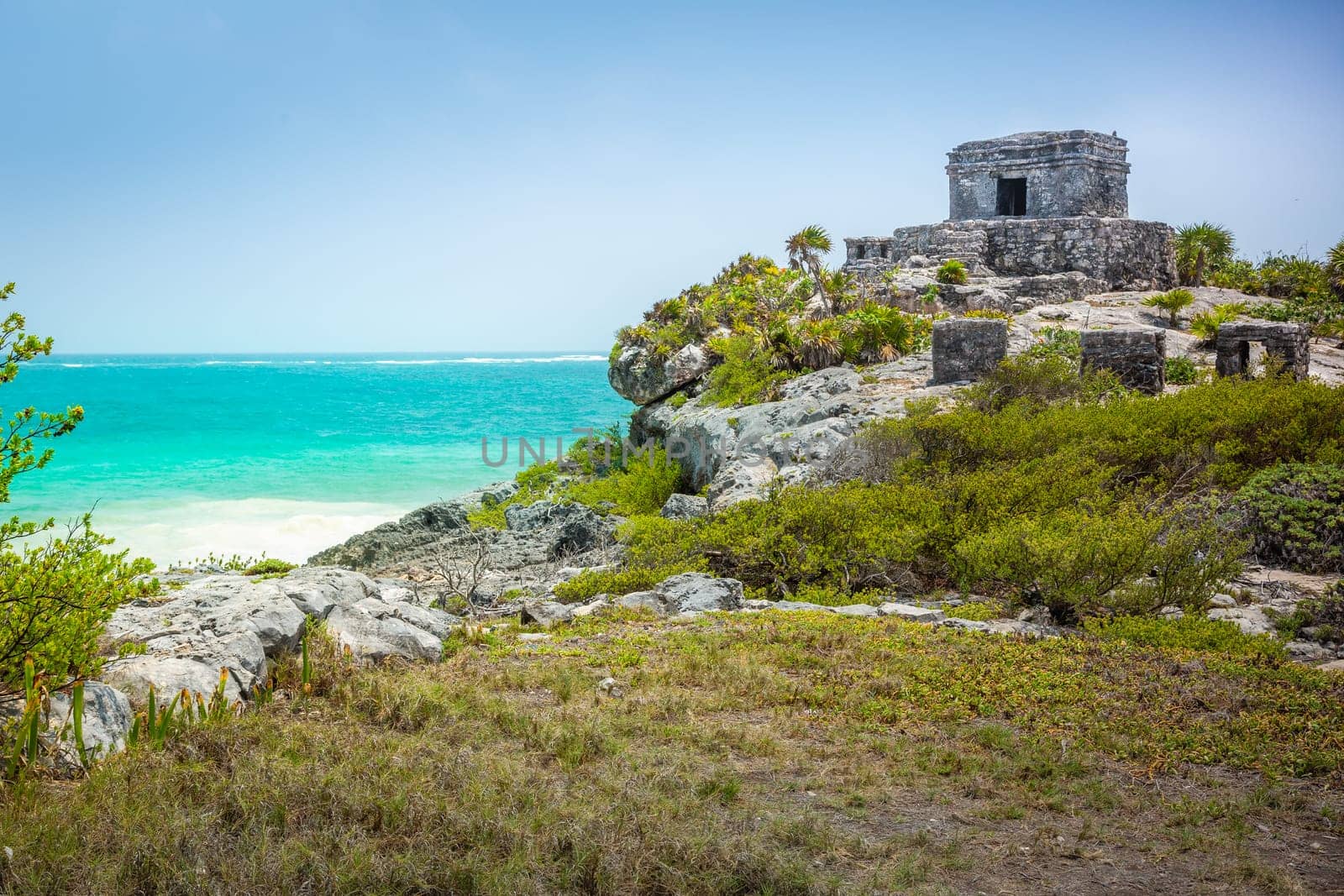 Mayan ancient tulum Pyramid and Platform at sunrise, Yucatan, Mexico