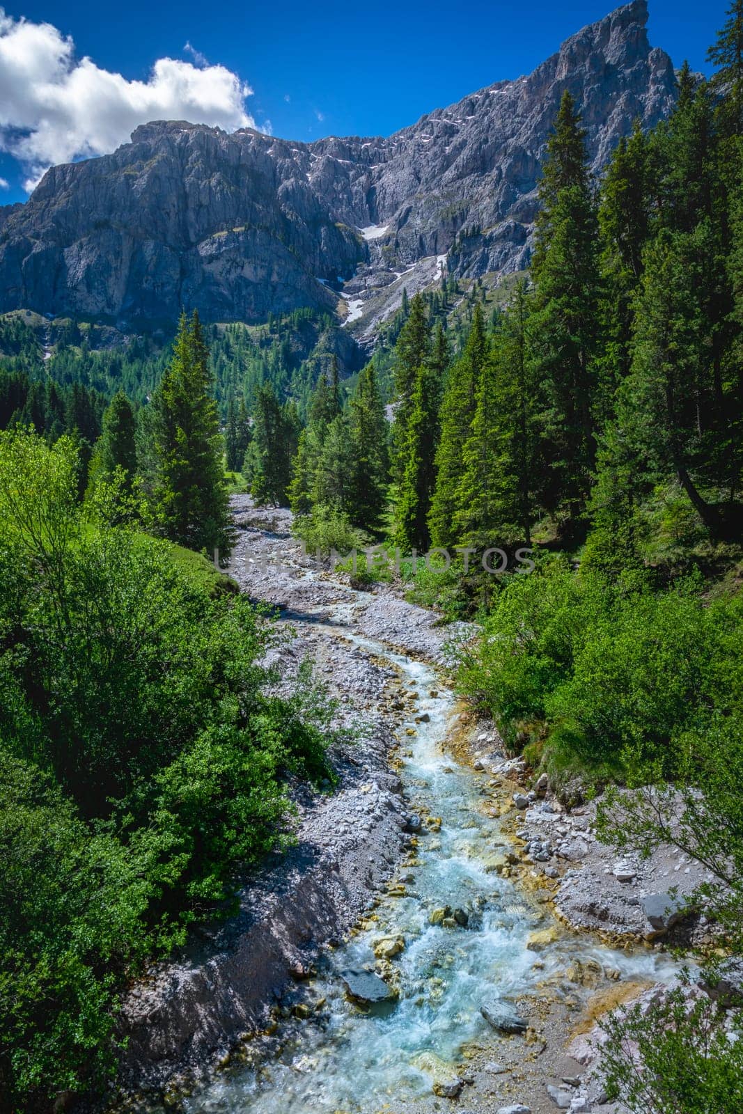 Idyllic landscape with river in italian Dolomites alps at sunny springtime, Northern Italy