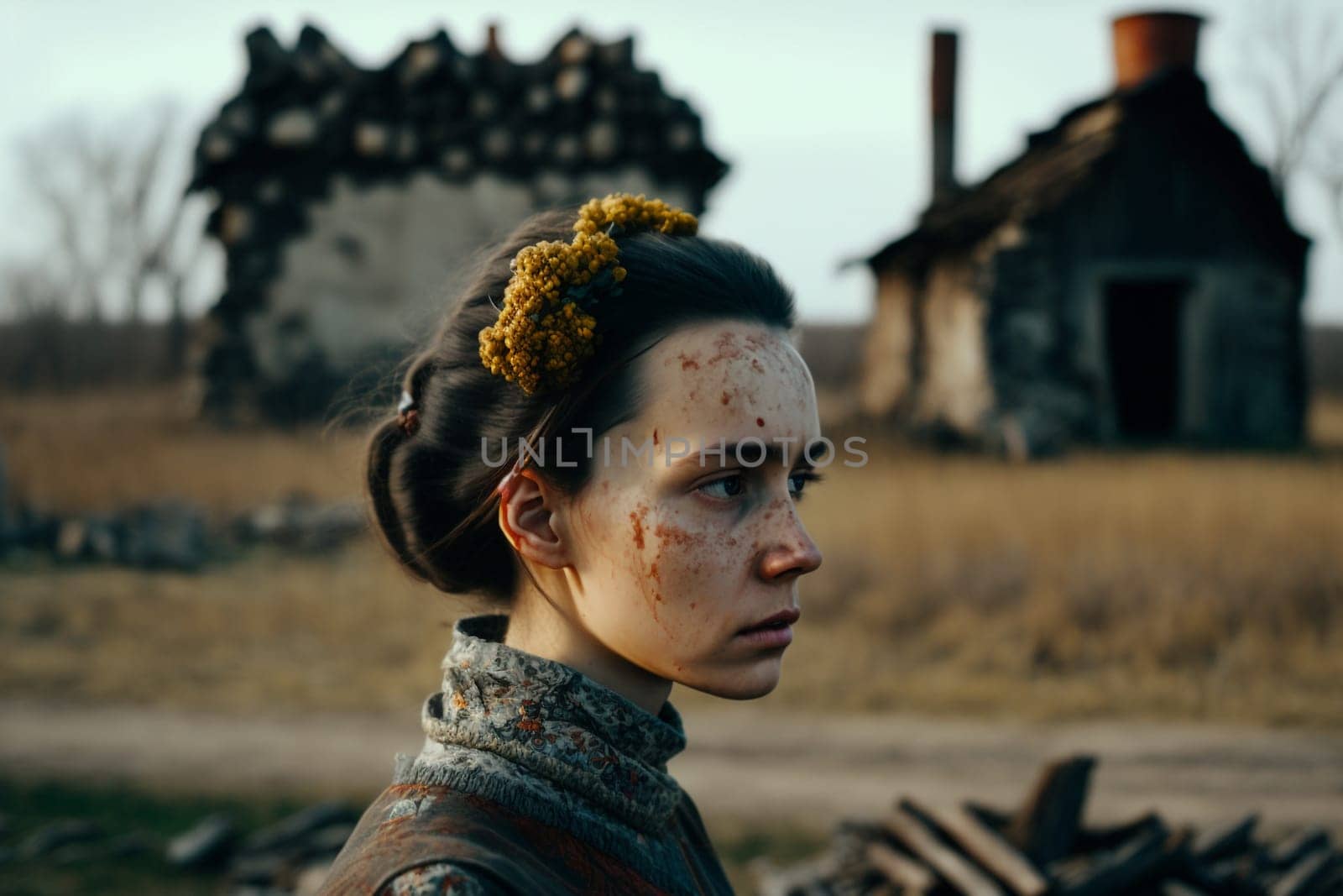 Culture of Ukraine, authenticity, uniqueness, independence and endurance. Local things, clothes, terrain. Yellow Ukrainian symbols, villages. High quality Generative AI .
