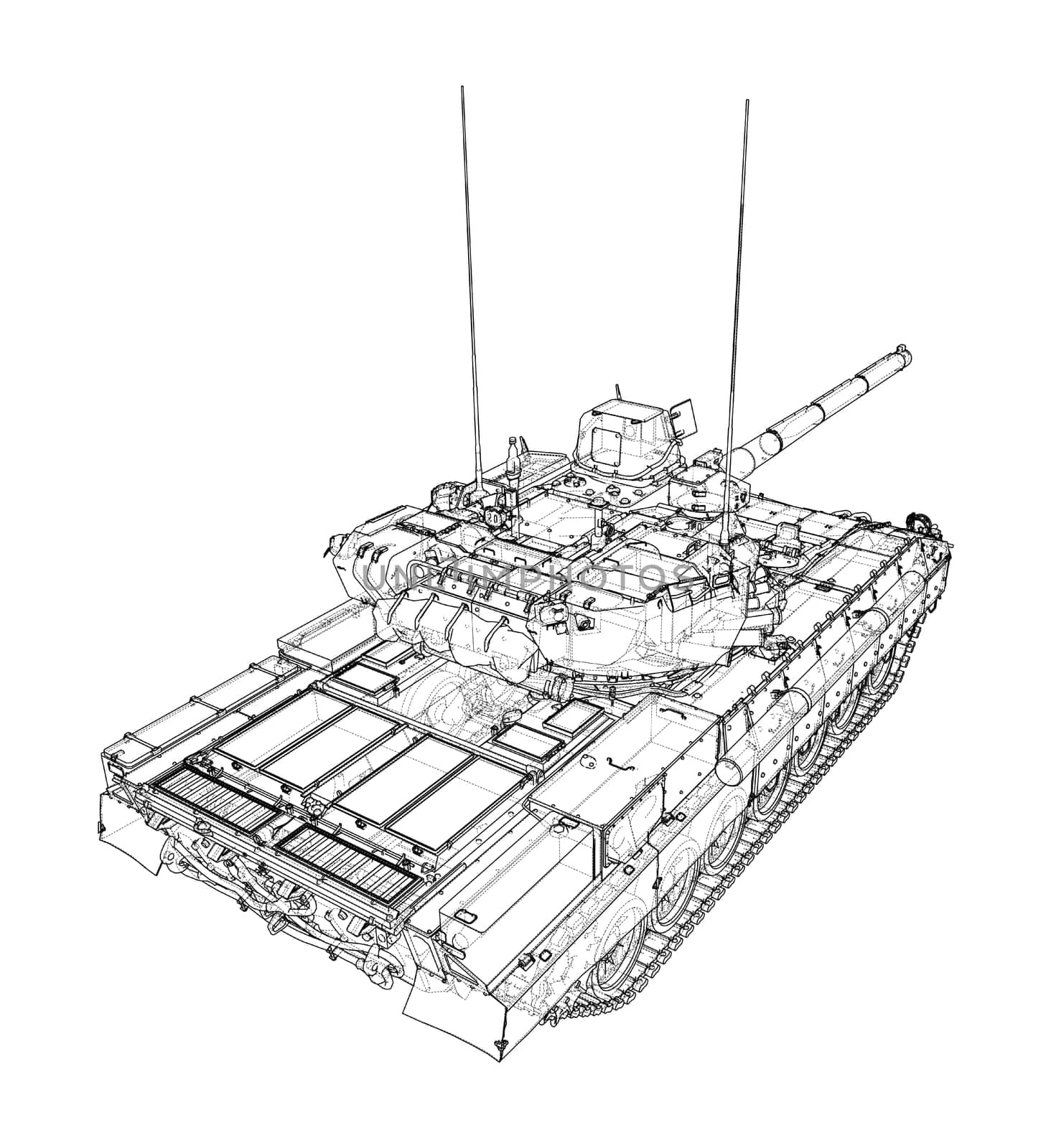 Tank on white background. 3d illustration. Wire-frame style