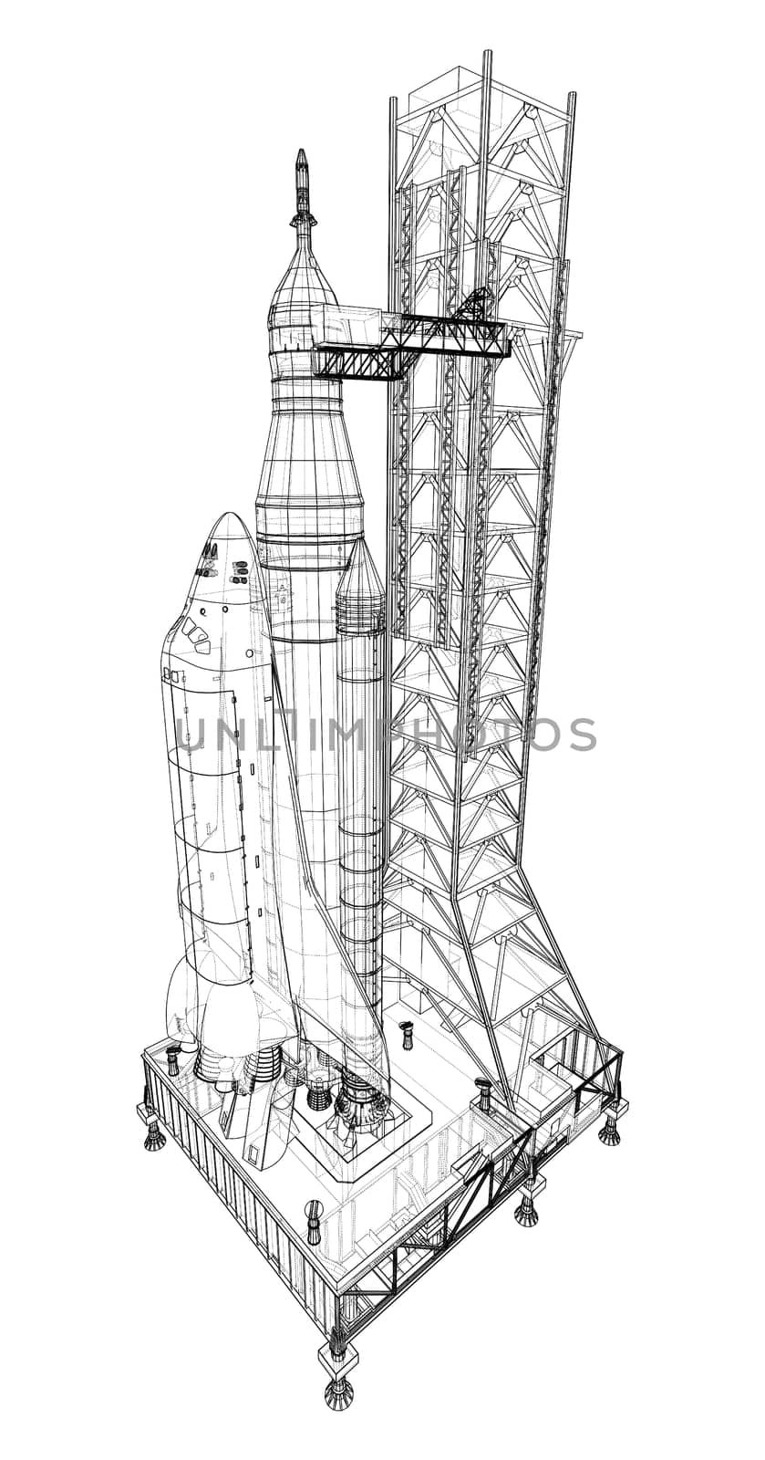 Space Rocket on launch pad. 3d illustration. Wire-frame style. Elements of this image furnished by NASA