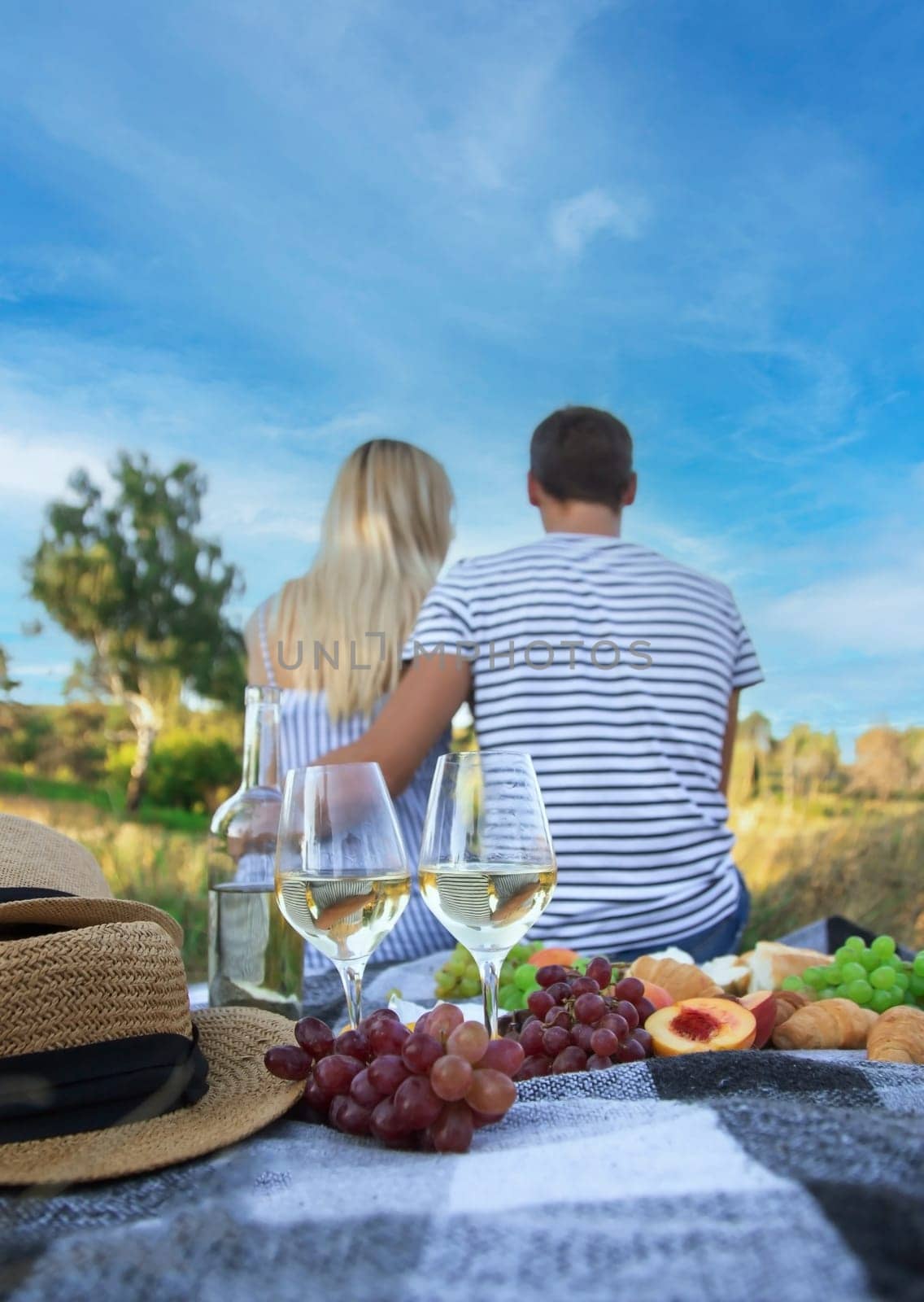 couple in love drinking wine on a picnic. Selective focus by Anuta23