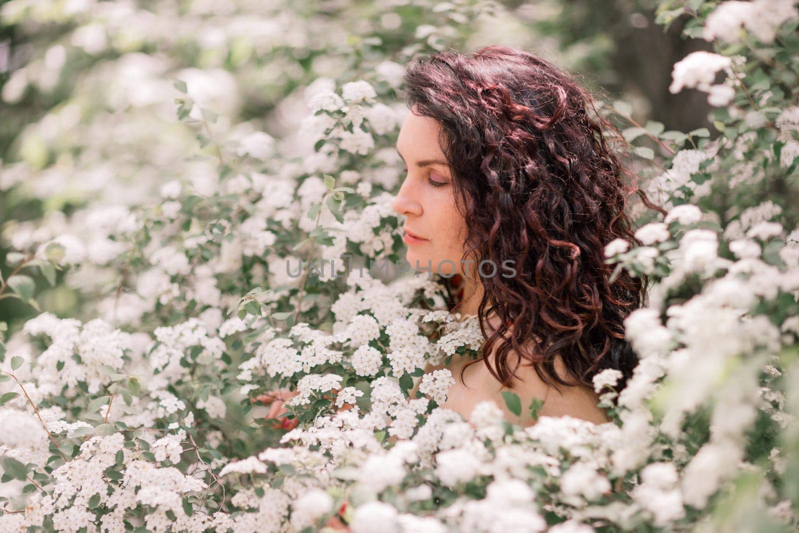 Woman spirea flowers. Portrait of a curly happy woman in a flowering bush with white spirea flowers. by Matiunina