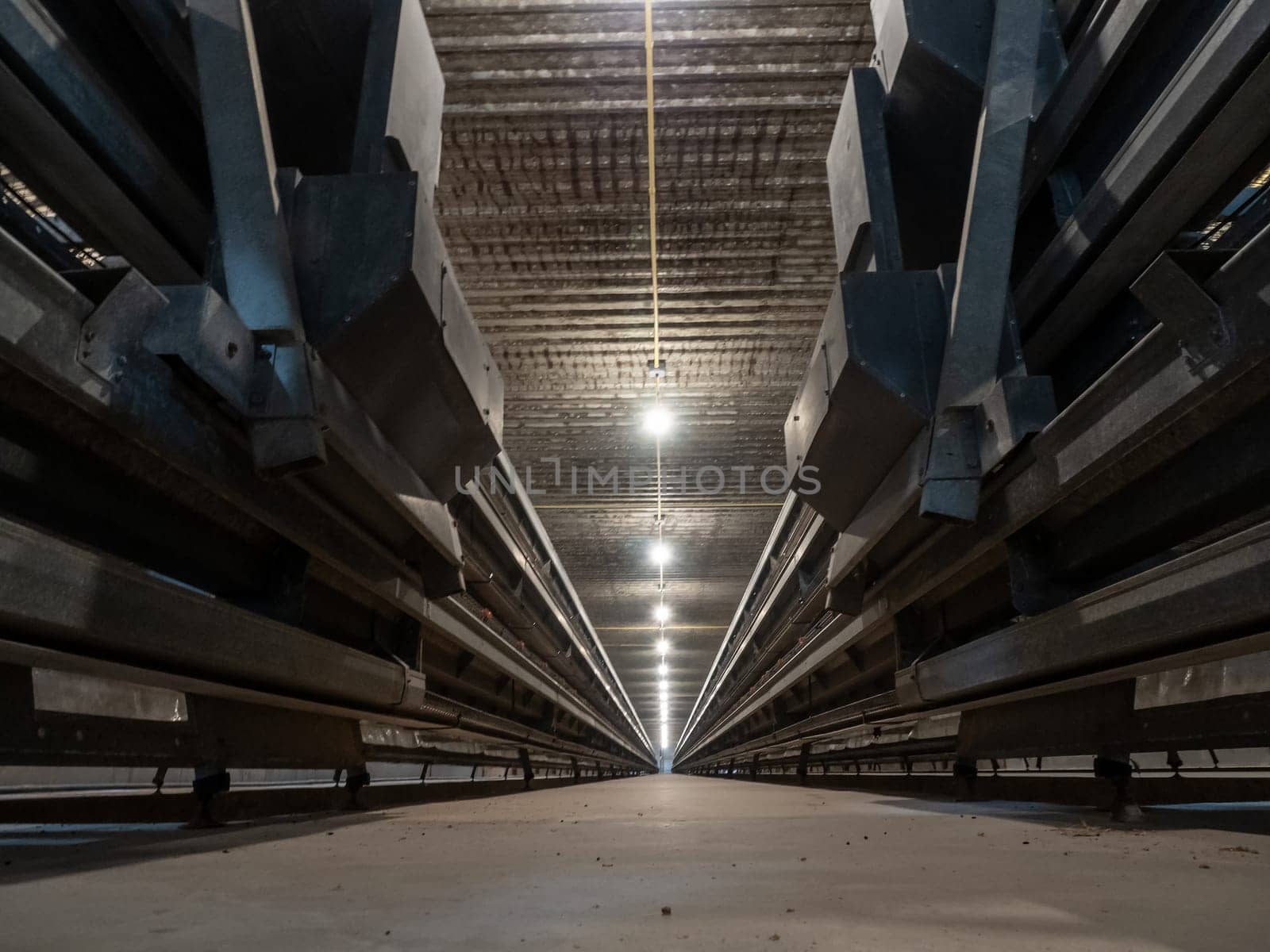 The empty laying cages in the chicken farm by Satakorn